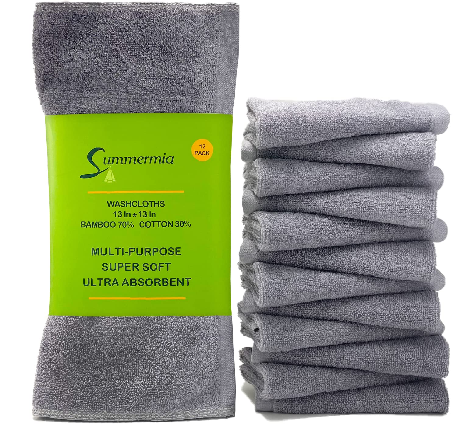 SUMMERMIA 12-Pack Bamboo Washcloths 13x13