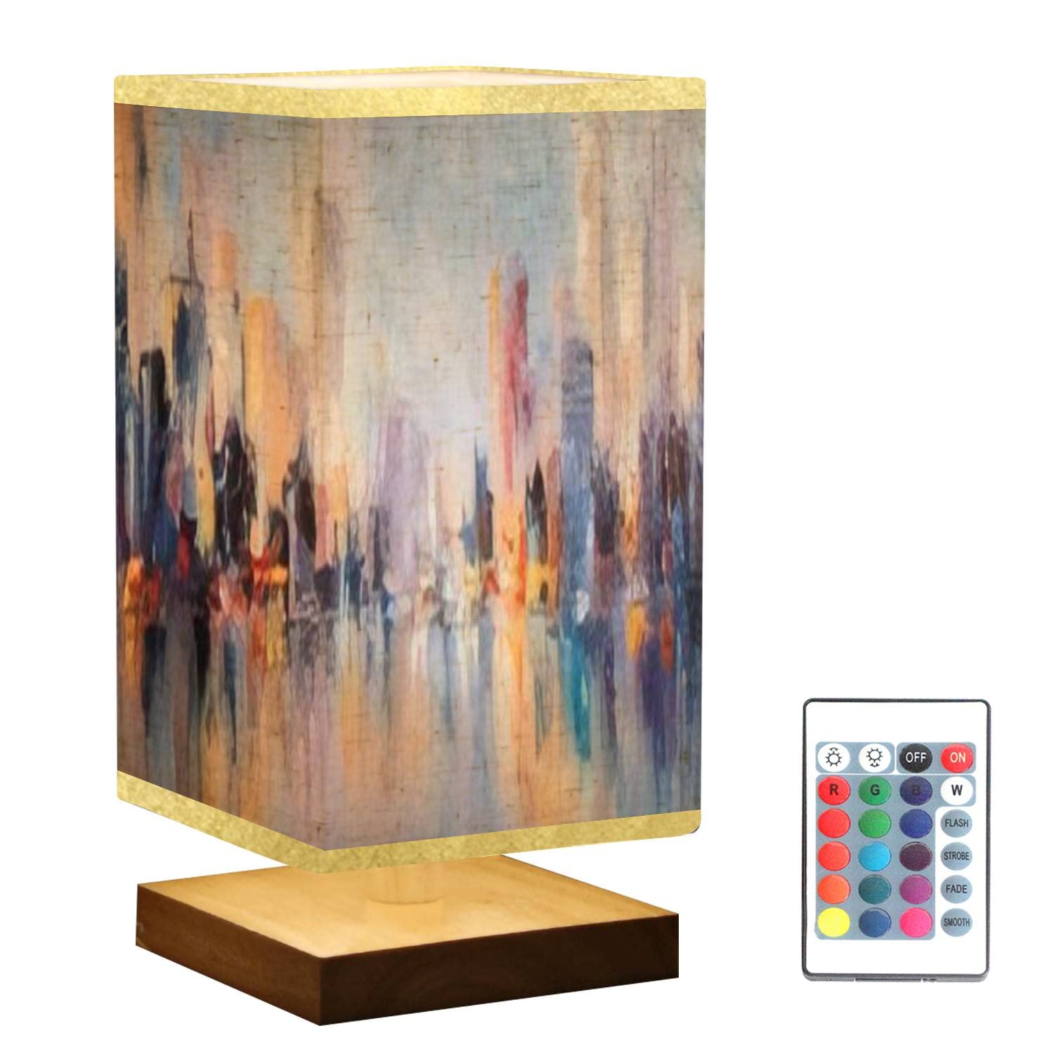 Square Bedside Table Lamp with Skyline City View & Water Reflection Oil Painting - Wooden Base, Flaxen Fabric Shade, Dimmable Nightstand Light for Bedroom, Living Room, Office | Perfect for Reading, Relaxing & Creating Cozy Ambiance