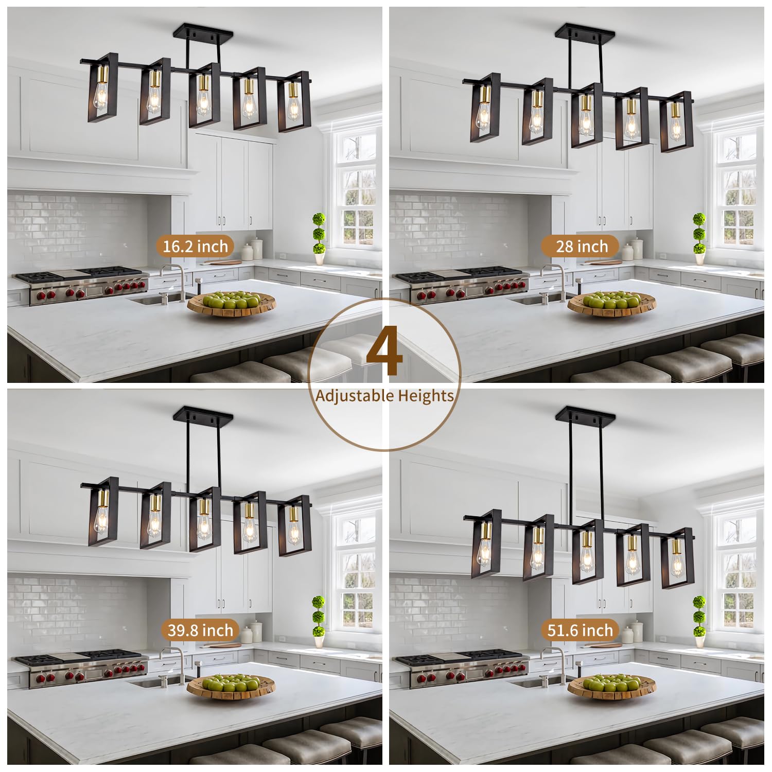 Rustic Farmhouse Wood Chandelier - 5-Light Black Kitchen Island Pendant Lighting, Adjustable Height 41.3