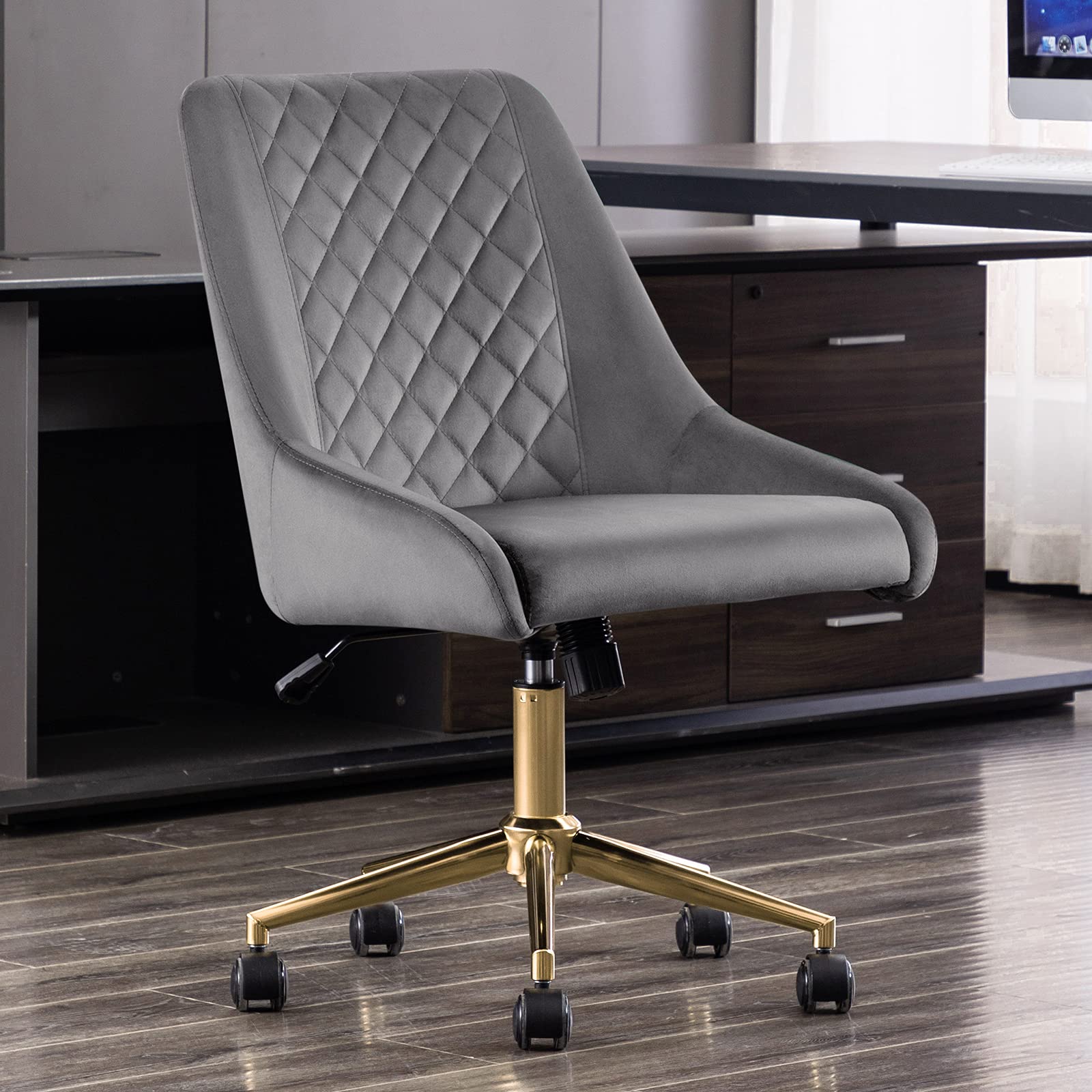 Duhome Velvet Home Office Chair with Wheels - Swivel Adjustable Backrest Armless Computer Desk Chair for Bedroom, Living Room & Workspace - Grey Upholstery with Golden Base - Perfect for Remote Work, Gaming & Study Sessions