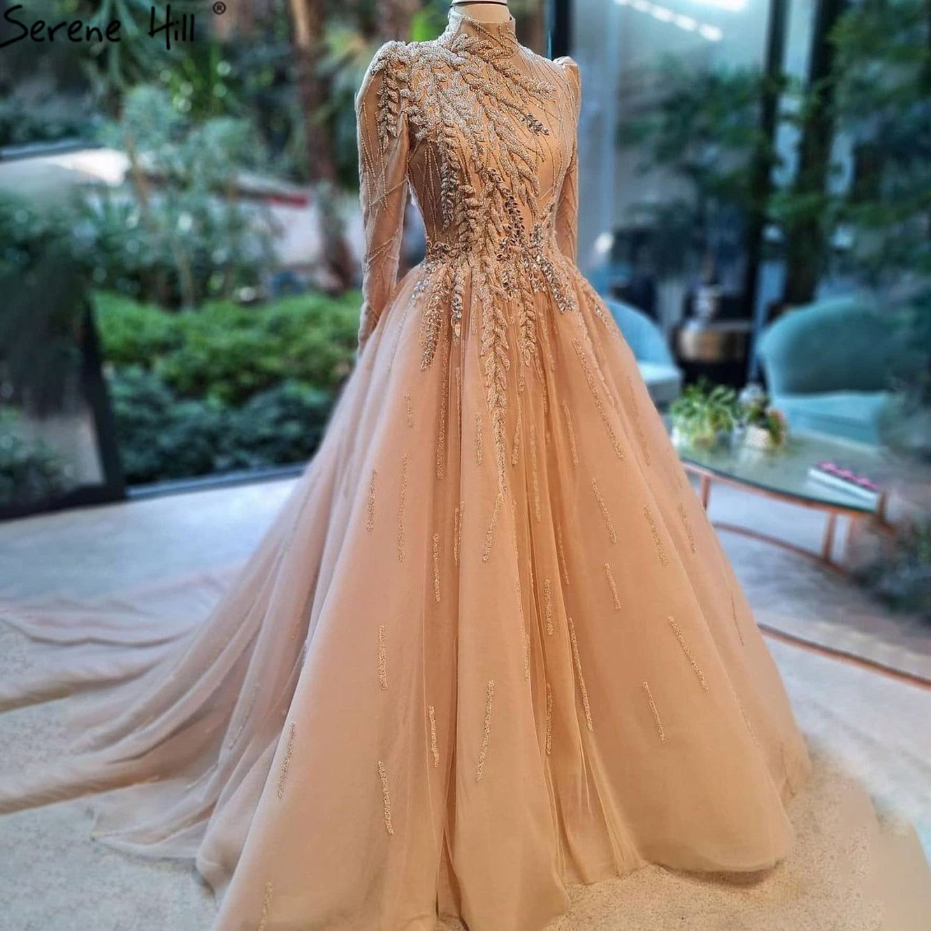 Serene Hill Muslim Gold Luxury Ball Gown Evening Dress 2025 - Long Sleeve Beaded Prom Dress for Women - Perfect for Weddings, Galas & Formal Parties