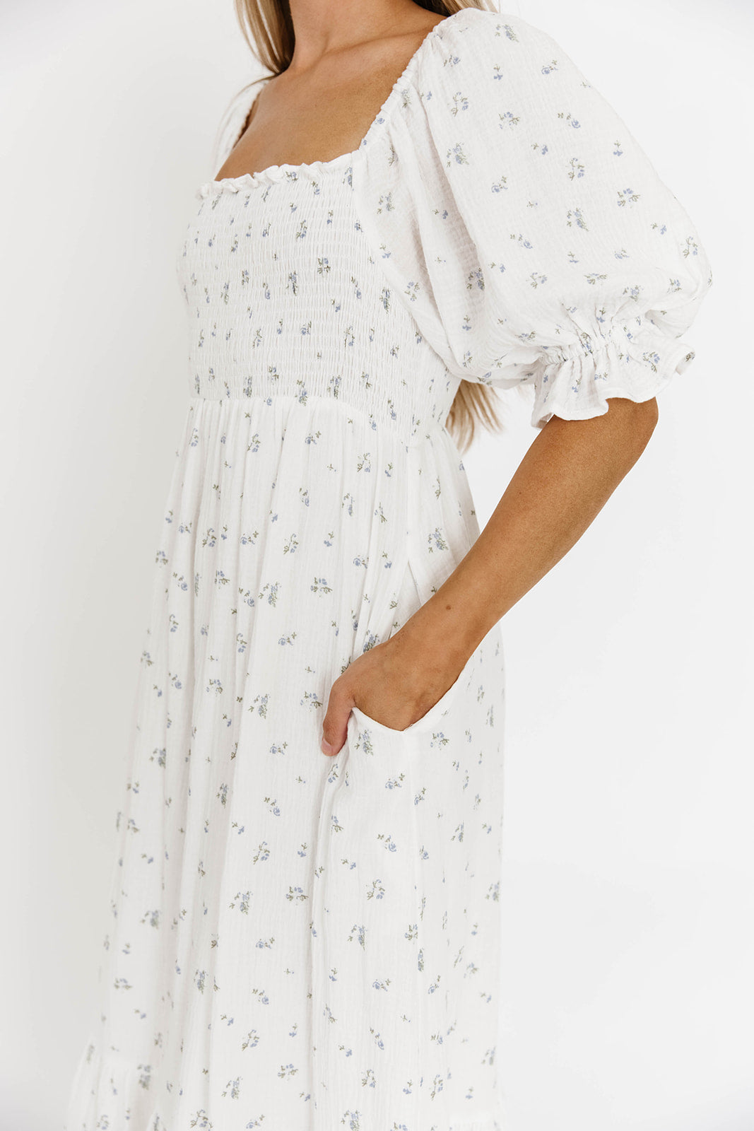 Livvy 100% Cotton Maxi Dress - Off White & Blue Floral Print | Women's Summer Boho Dress for Beach, Vacation & Casual Wear
