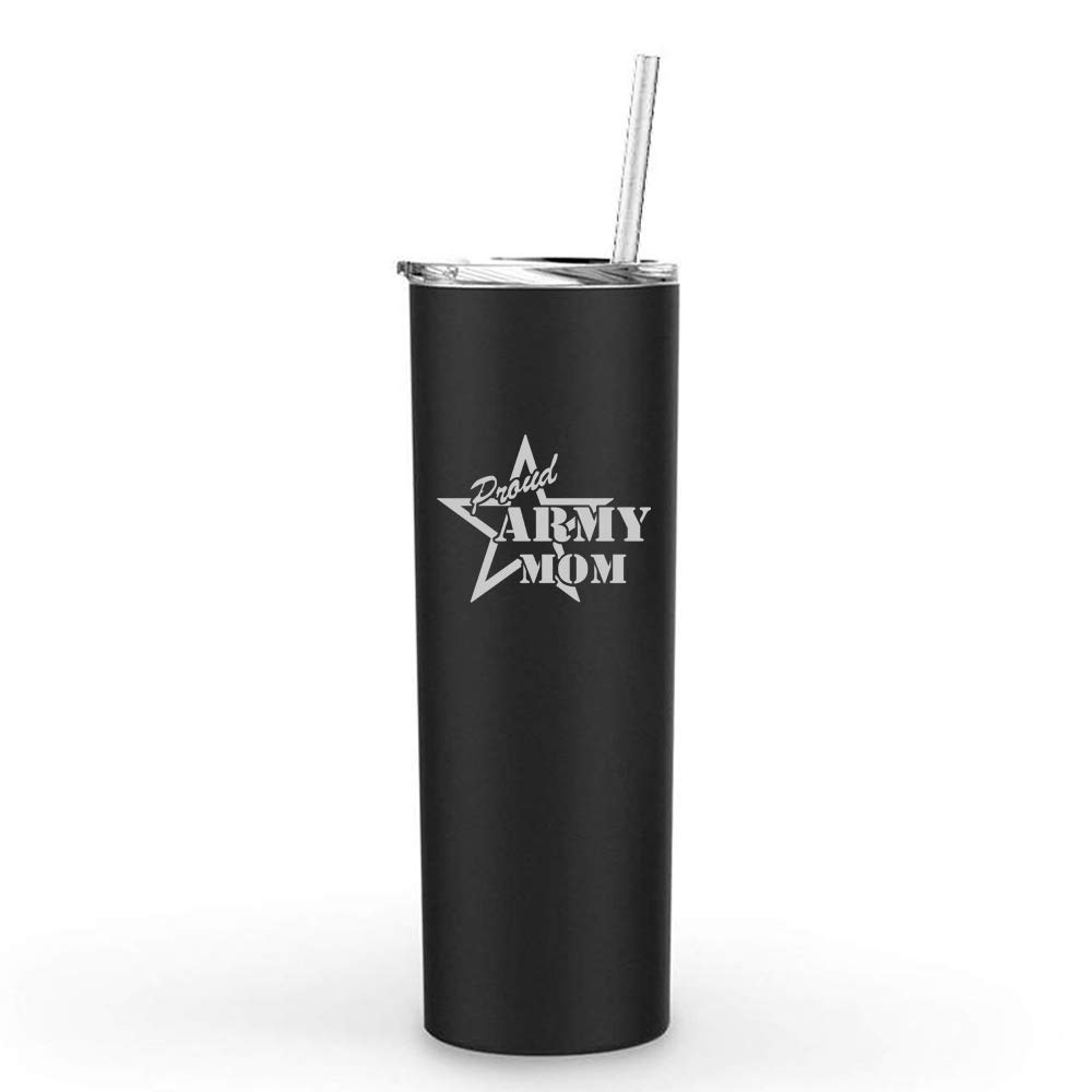 20 oz Skinny Tall Stainless Steel Vacuum Insulated Tumbler with Straw - Leakproof Travel Mug for Coffee & Tea - Proud Army Mom Design (Black) - Perfect for Commuting, Camping & Gifts