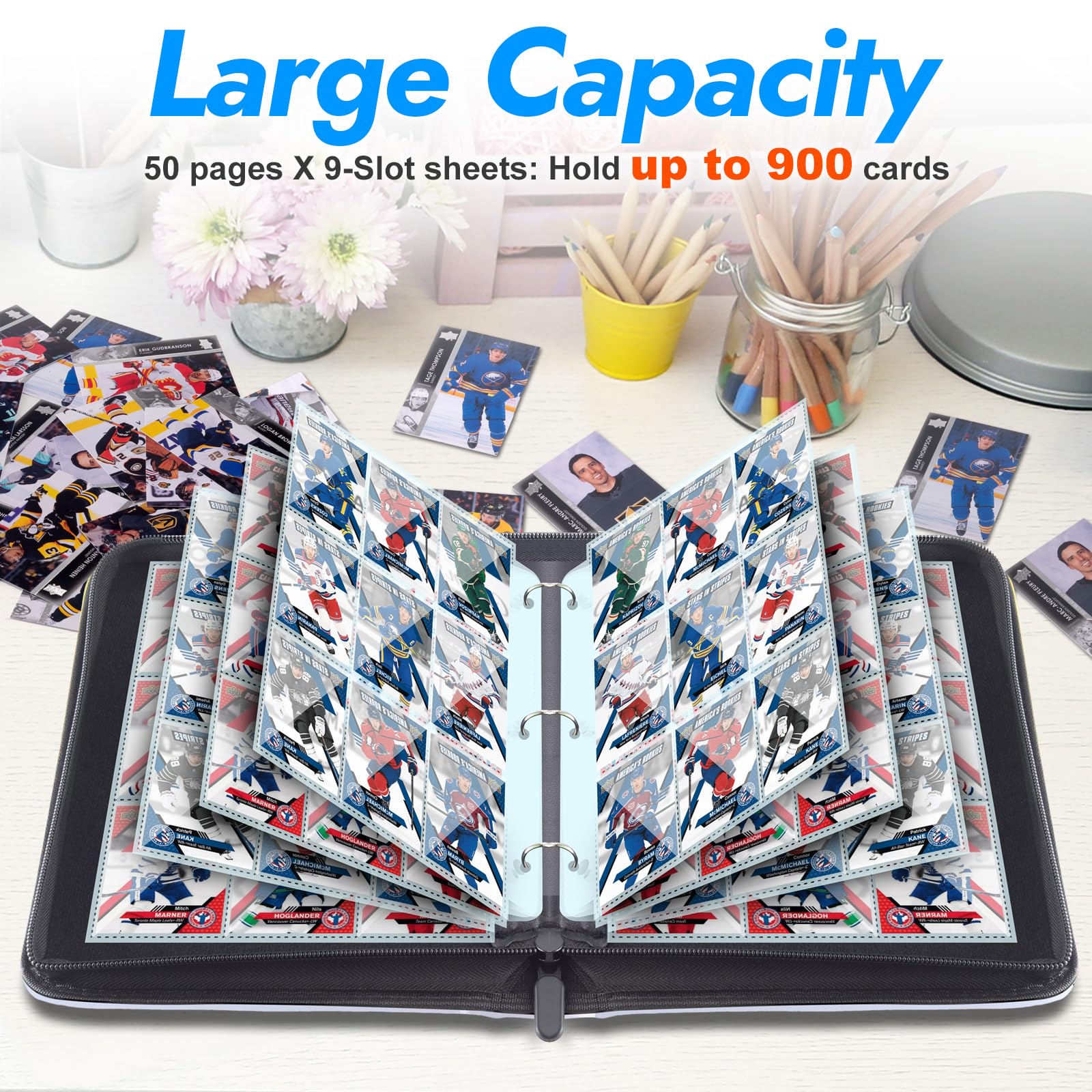MewVeer 900-Capacity Hockey Card Binder - 9 Pocket Trading Card Album with Protective Sleeves | Premium Sports Card Storage for Collectors | Perfect for Organizing NHL, MLB & Pokemon Cards at Home or Tournaments