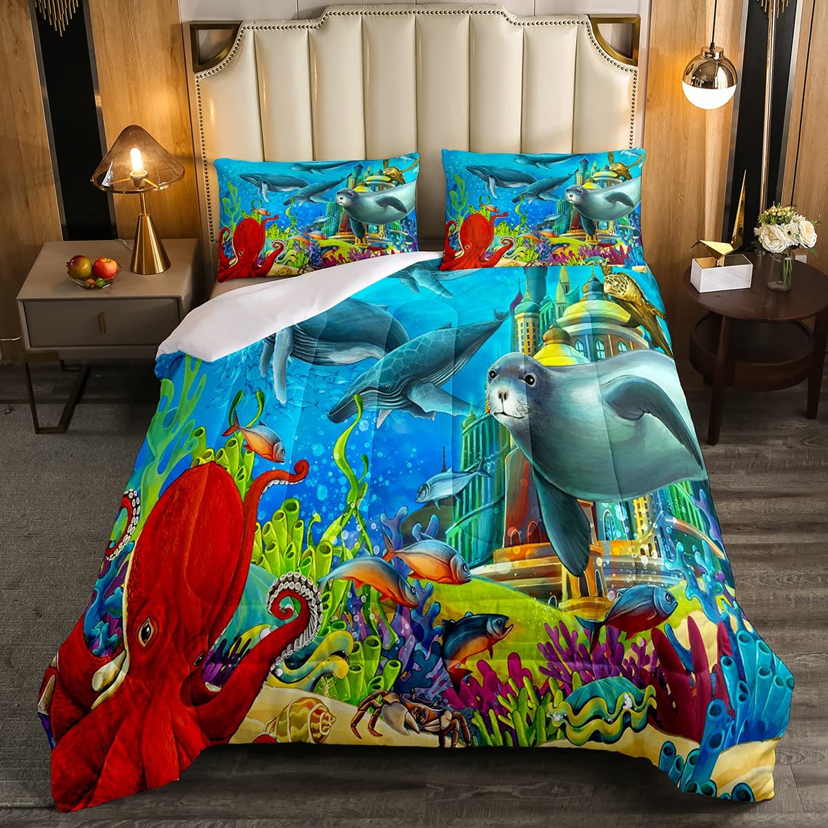 Feelyou Cartoon Ocean Animals Comforter Set - Queen Size Shark Seal Octopus Design for Kids & Adults, 3-Piece Bedding Includes 1 Comforter & 2 Pillowcases | Perfect for Boys' Rooms, Beach Themed Bedrooms & Underwater Decor