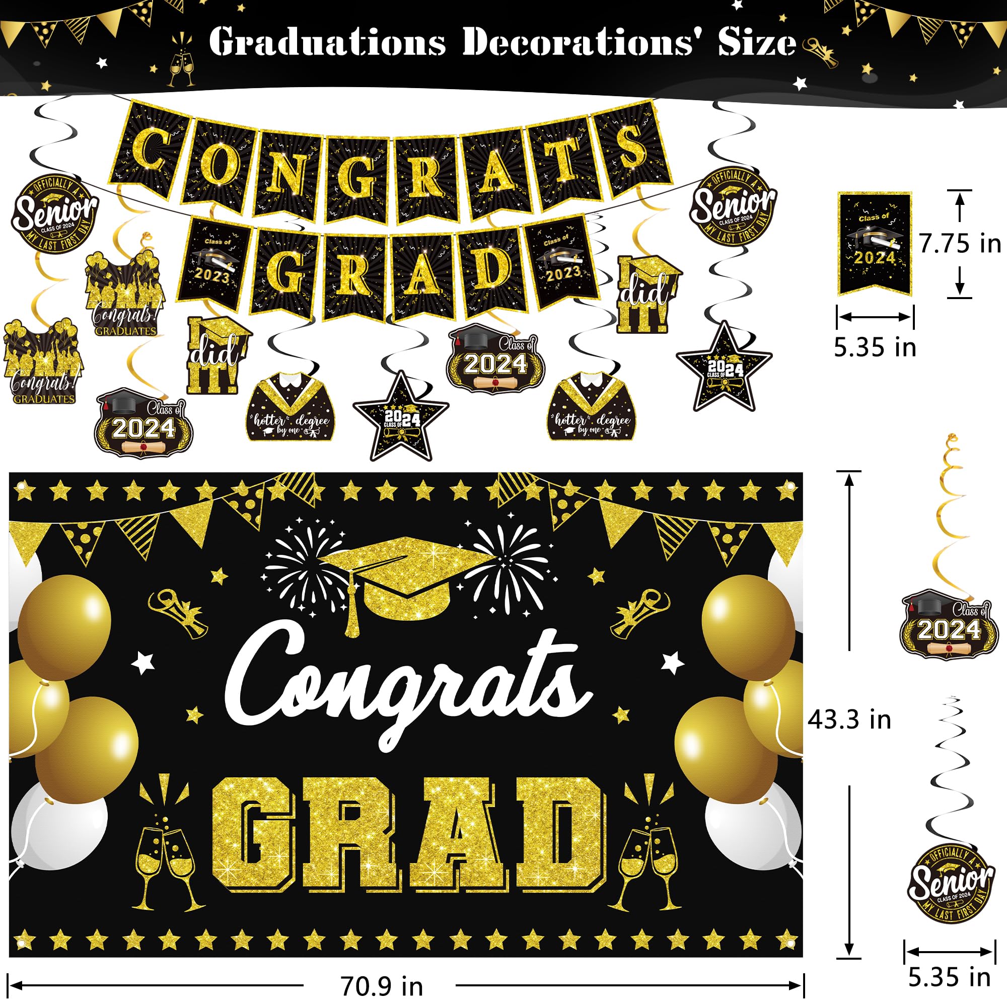 2024 Graduation Decor Kit - Black Gold Banner & Backdrop for Grad Party