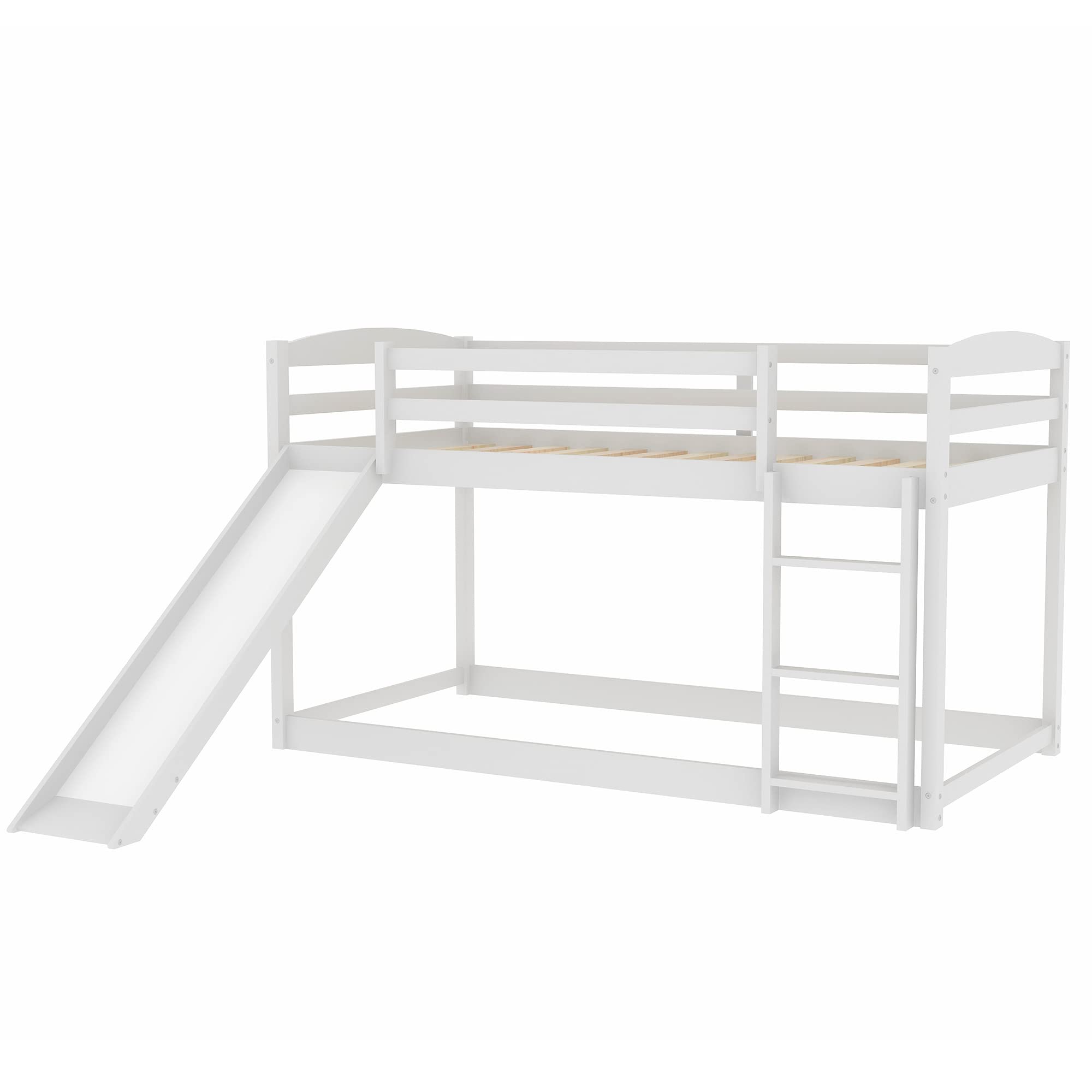 Harper & Bright Designs Twin Over Twin Wooden Bunk Bed with Slide & Ladder - Low Profile Kids Bunk Bed, No Box Spring Needed, White - Perfect for Small Bedrooms, Kids' Rooms & Sleepovers