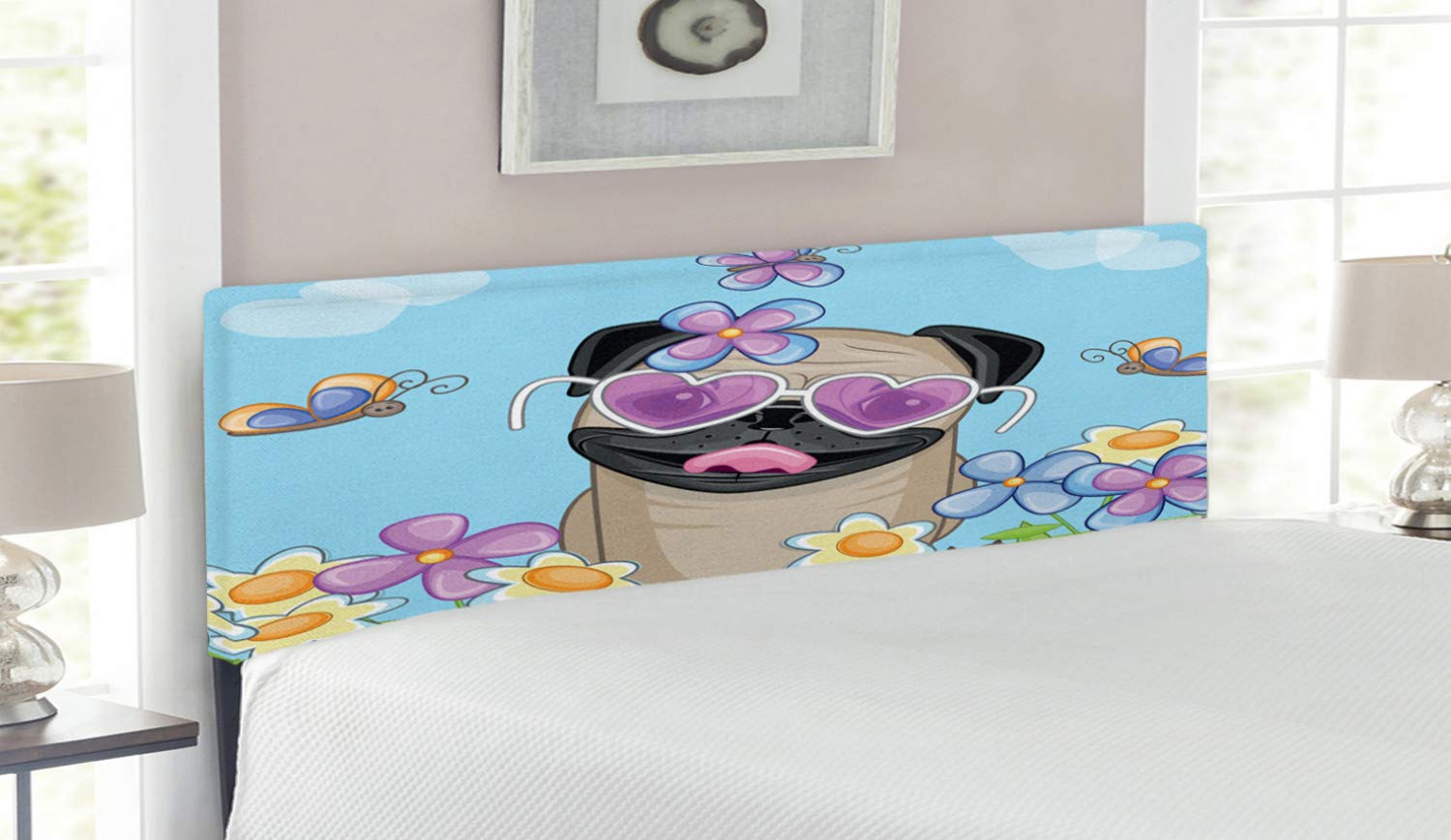 Ambesonne Pug Headboard - Queen Size Upholstered Metal Bed Frame with Memory Foam, Floral Butterfly & Cloud Design in Sky Blue Multicolor | Perfect for Pet Lovers' Bedroom Decor & Cozy Sleeping