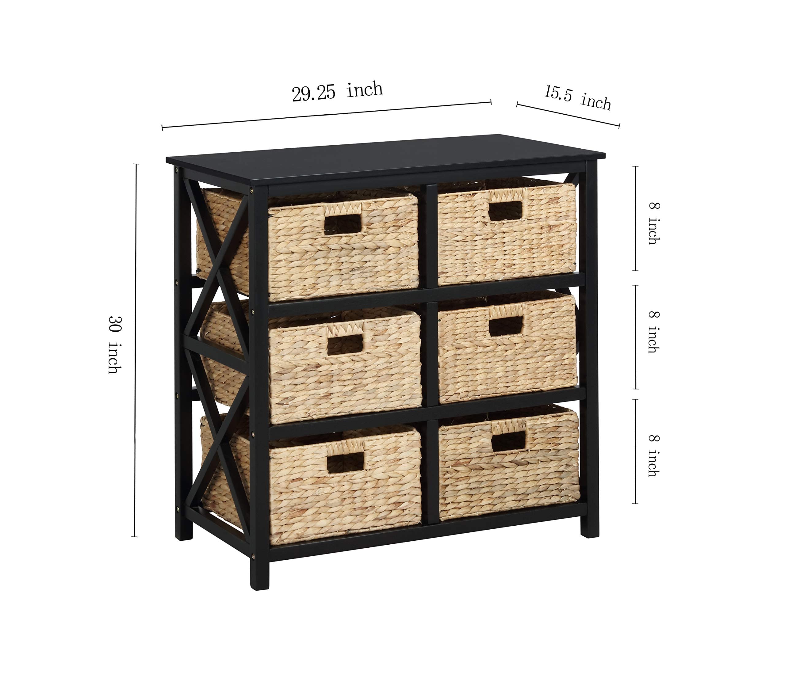 eHemco 3-Tier X-Side End Storage Cabinet with 6 Wicker Baskets - Black | Space-Saving Organizer for Bedroom, Bathroom, or Living Room | Sturdy Metal Frame & Stylish Storage Solution