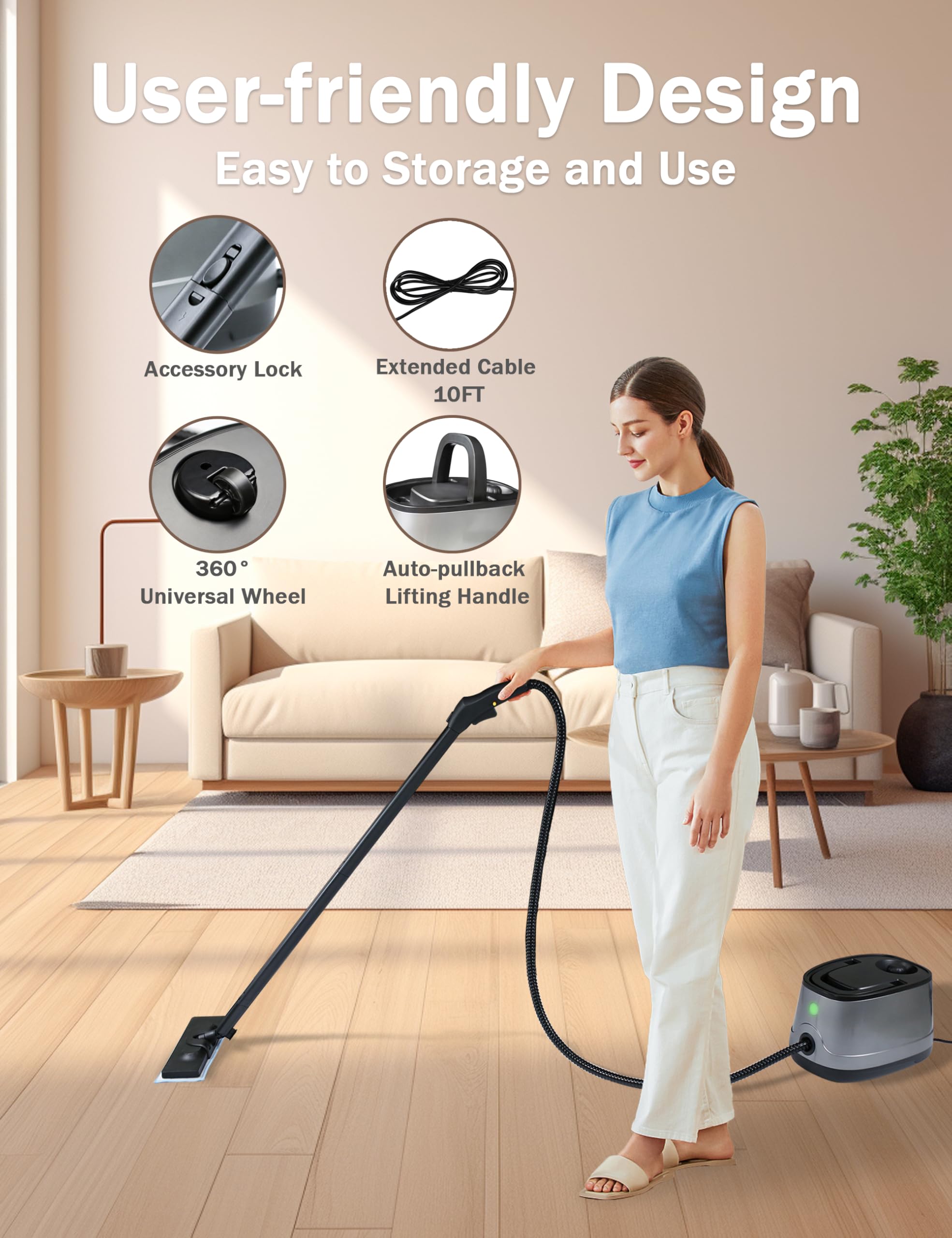 Powerful Portable Steam Cleaner for Home & Car - 1.5L Capacity, 19 Accessories, Quick Heating in 5 Mins - Multi-Surface Cleaner for Floors, Tiles, Carpets, Upholstery - Perfect for Deep Cleaning Kitchens, Bathrooms & Auto Detailing