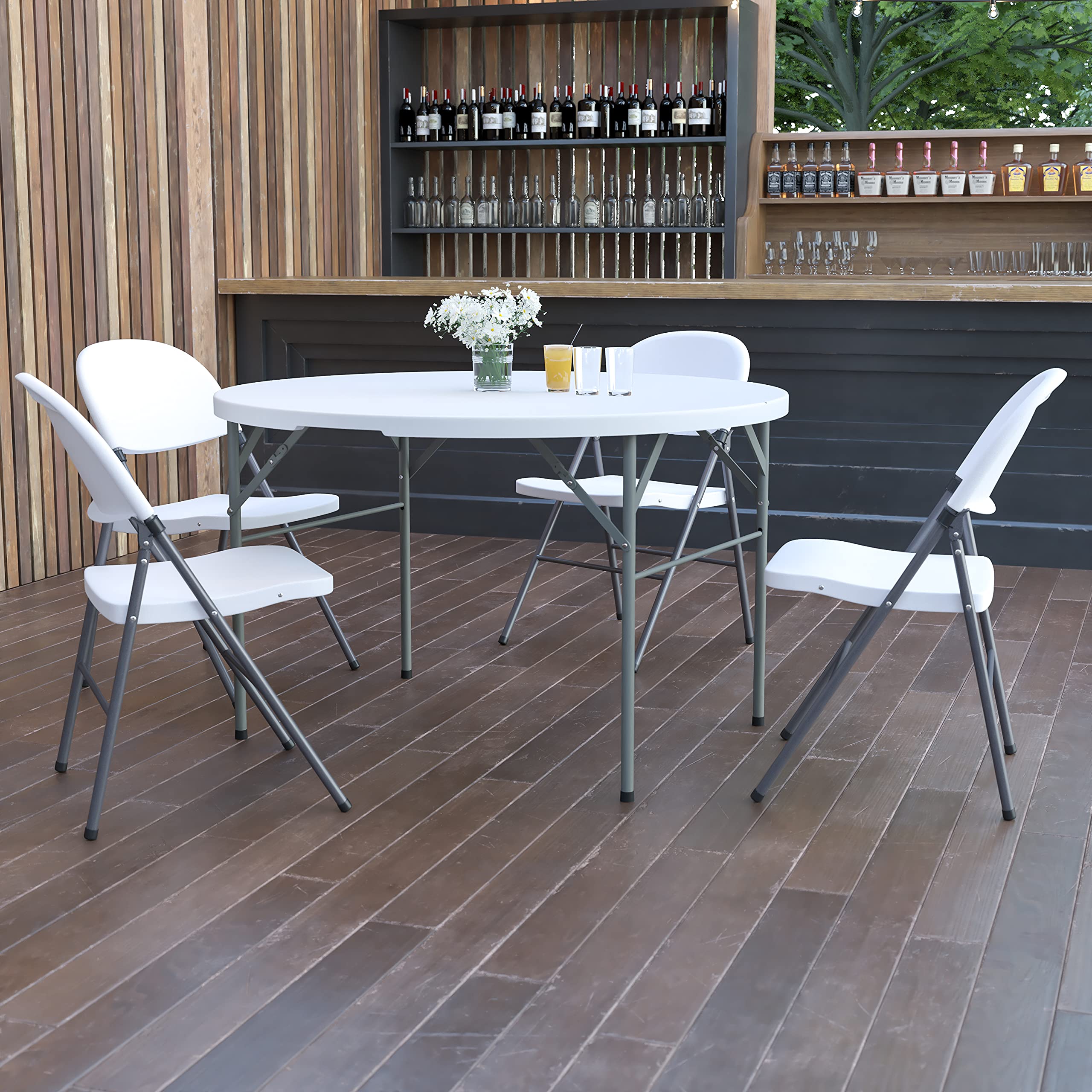 4-Foot Round Bi-Fold Granite White Plastic Folding Table with Handle - Perfect for Parties, Events, and Outdoor Gatherings