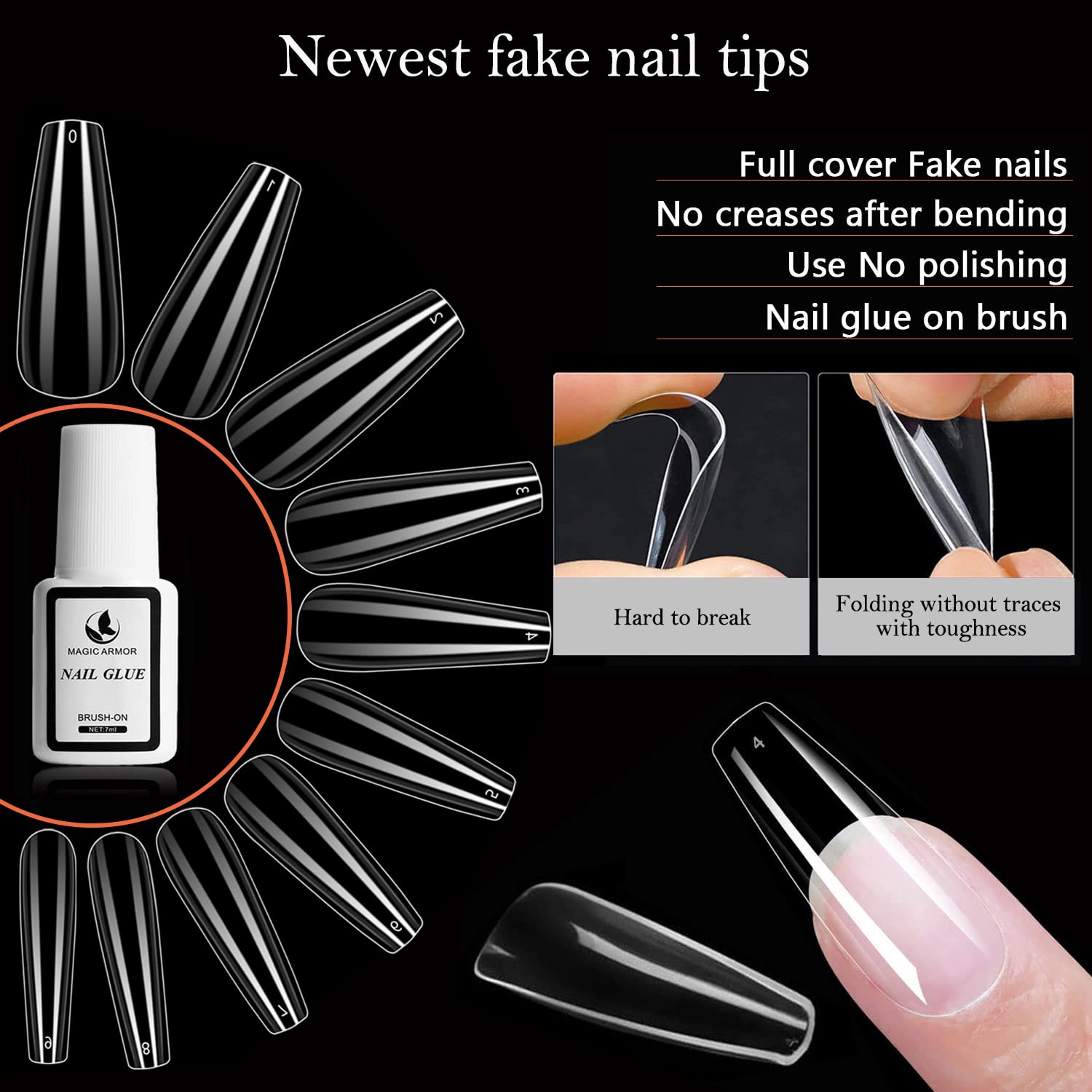 550Pcs MAGIC ARMOR Nail Tips Kit - Coffin Long False Nails with Glue, 10 Sizes Nail Capsules for DIY Nail Art & Extension | Perfect for Salon, Home Manicure & Party Nail Designs