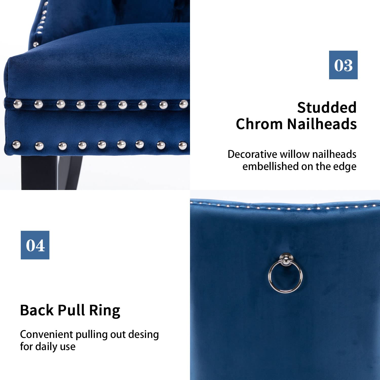 Luxury Velvet Dining Chairs Set of 4 - Modern Upholstered Kitchen & Dining Room Chairs with Ring Pull Trim, Button Tufted Back - Elegant Blue Velvet Living Room Chairs for Home Decor, Dinner Parties & Cozy Gatherings