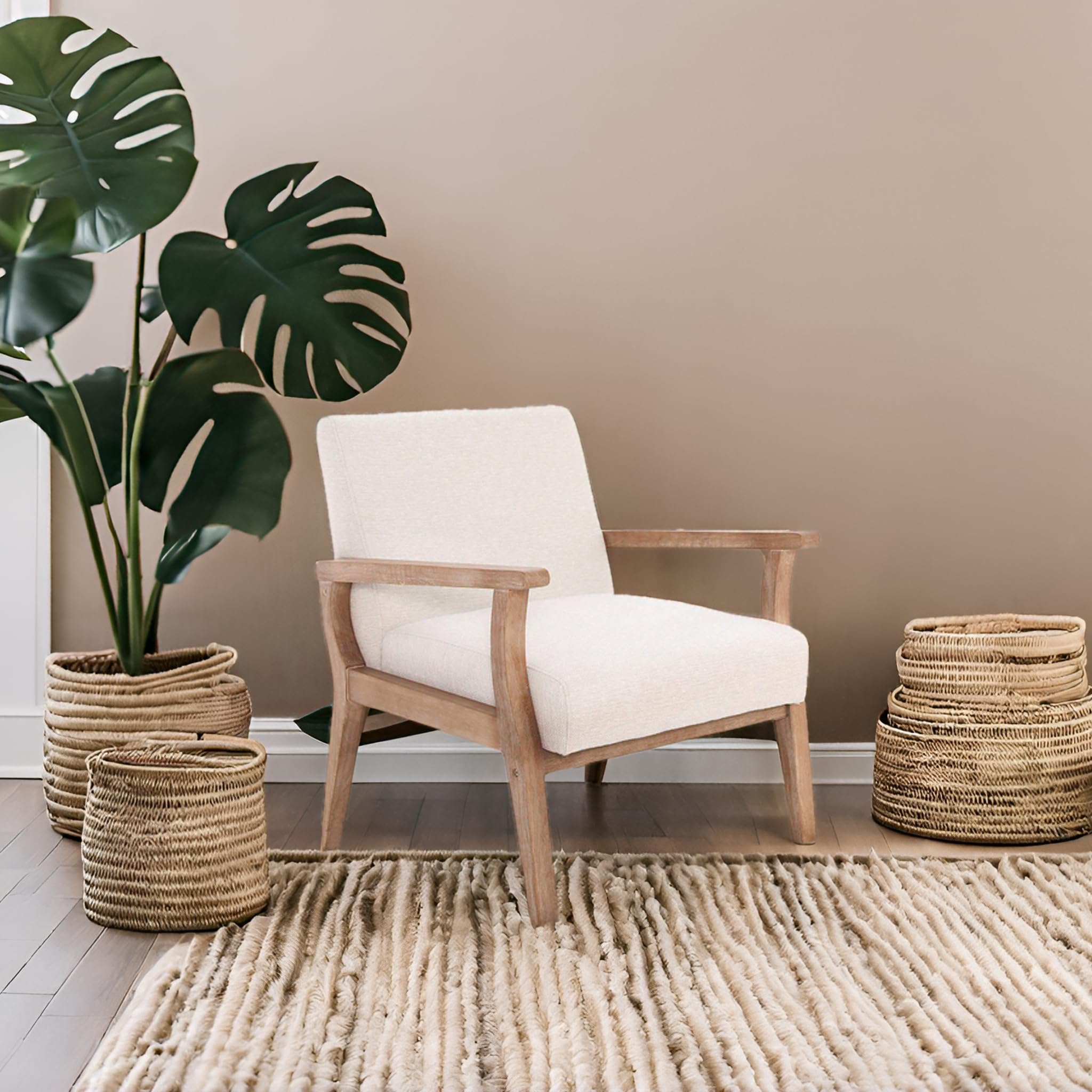 Mid Century Modern Beige Accent Chair - Solid Wood Armchair with Linen Upholstery, Comfortable Sitting Chair for Living Room, Bedroom, Office - Cream Home Decor for Relaxation & Reading Nook