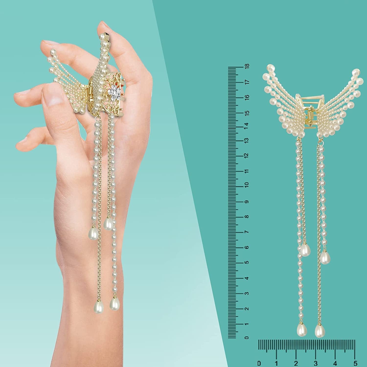 Staila Large Metal Butterfly Hair Clips with Rhinestones & Sparkling Pearls - Non-Slip Strong Hold Hair Claws for Women & Girls with Thick Hair - Perfect for Parties, Weddings & Everyday Styling (Pearl Design)