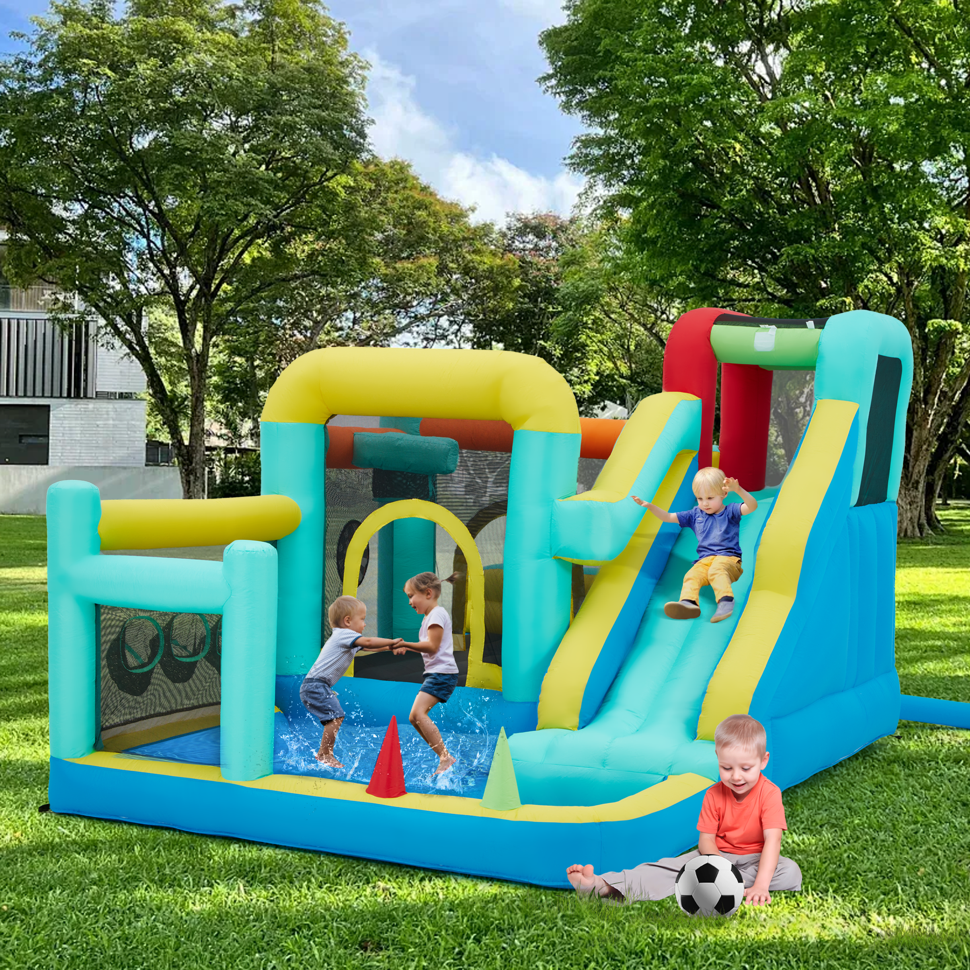 EROMMY Heavy Duty 840D Oxford Inflatable Bouncy Castle with Water Slide - Kids Outdoor Playhouse for Ages 3-6 | Backyard Birthday Party, Summer Water Games & Family Fun Activities