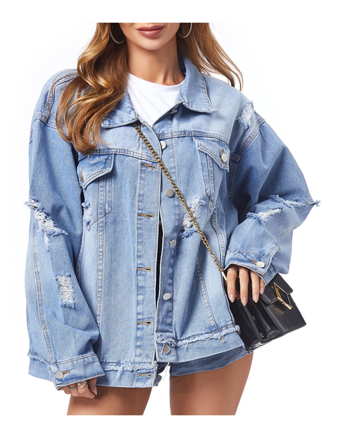 Hathne Women's Distressed Denim Jacket - Casual Washed Long Sleeve Loose Fit Jean Coat for Everyday Wear, Street Style & Fall Layering