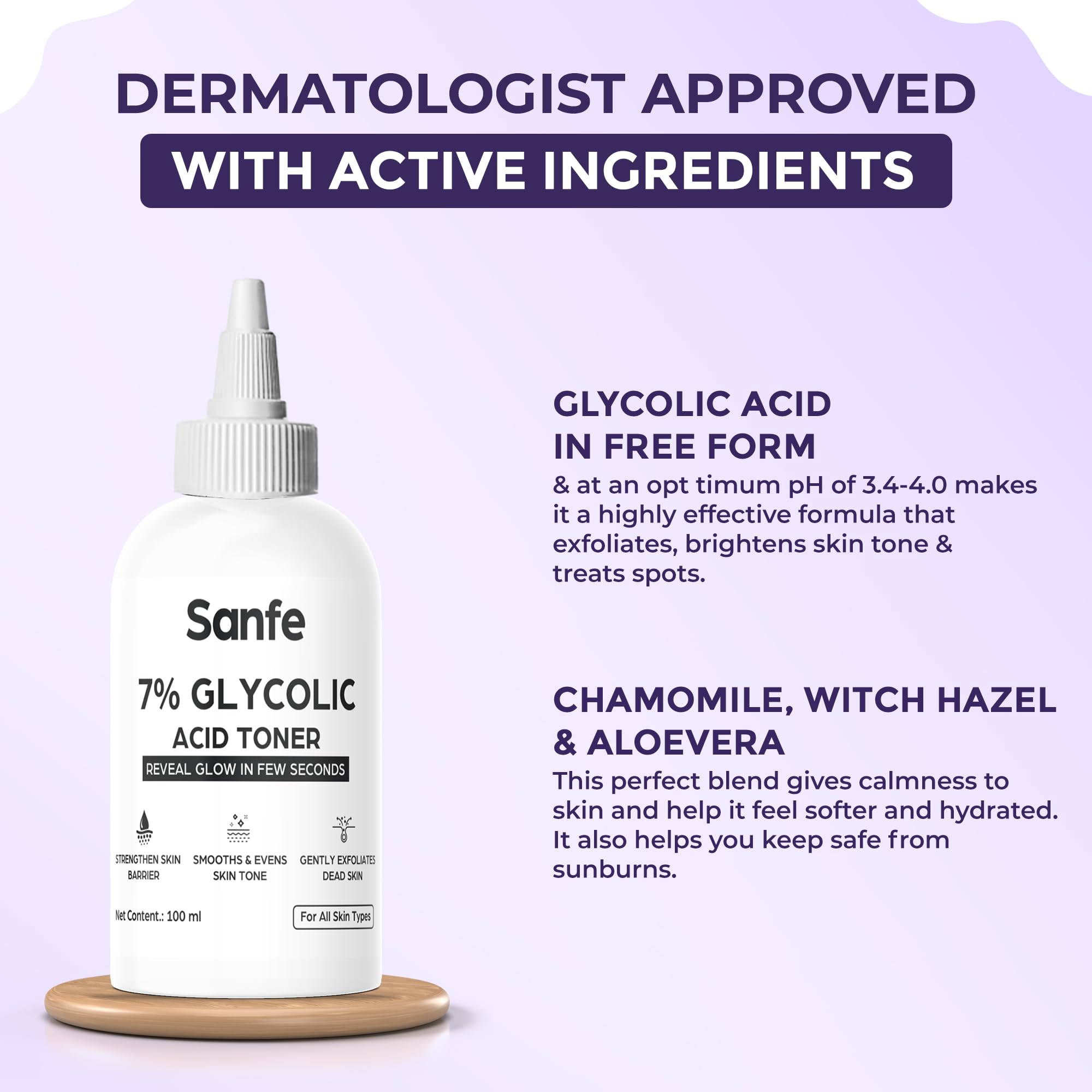 Sanfe 7% Glycolic Acid Exfoliating Toner for Face & Body - Brightens Skin, Reduces Dark Spots & Improves Texture | Gentle Chemical Exfoliator for Glowing Skin | Perfect for Daily Use on Face, Underarms & Scalp | 100ml