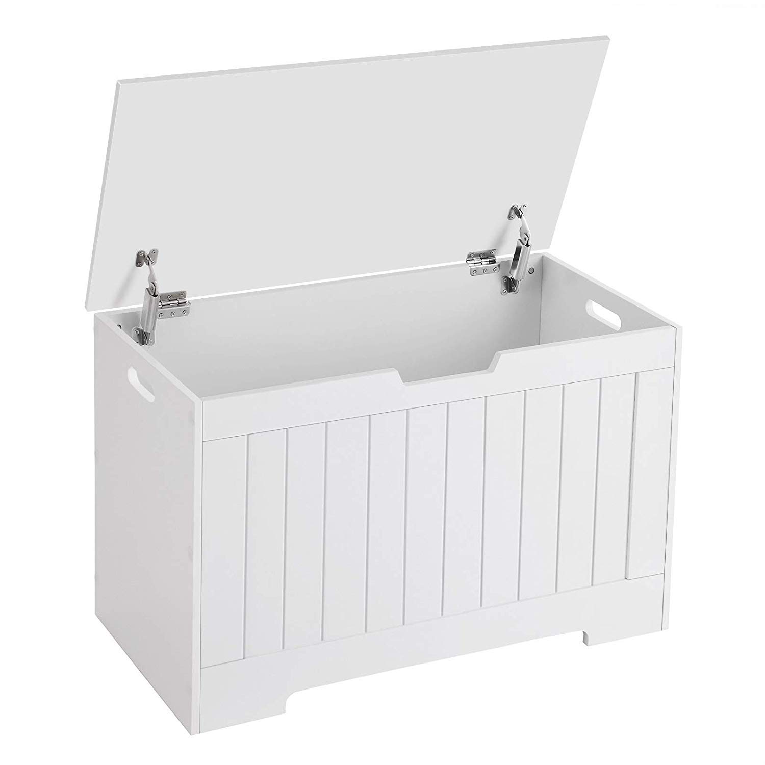 White Lift Top Entryway Storage Bench with 2 Safety Hinges - Wooden Toy Box, Shoe Storage Cabinet & Sideboard Organizer - Perfect for Entryway, Living Room & Bedroom Storage Solutions
