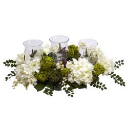 Artificial Hydrangea Plants Triple Candelabrum - Silk & Plastic Floral Arrangement in Green, White, Purple - Home Decor, Wedding Centerpiece, Tabletop Display