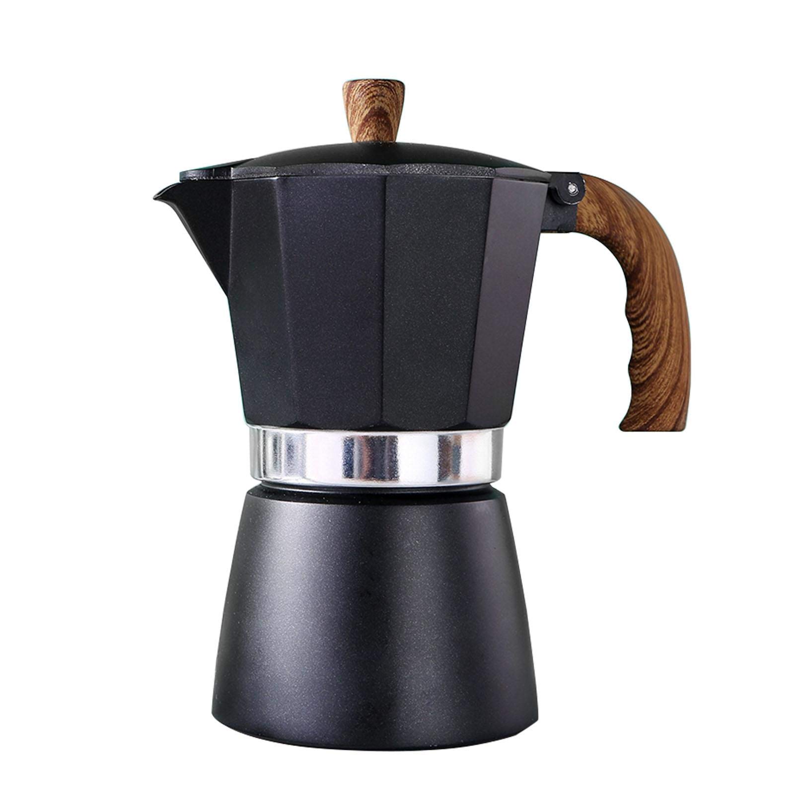 Premium Stovetop Espresso Maker - 150ml Mocha Pot with Pressure Valve & Wooden Handle, Portable Aluminum Coffee Tea Maker for Camping, Travel & Home Use (Black) - Easy to Use & Clean