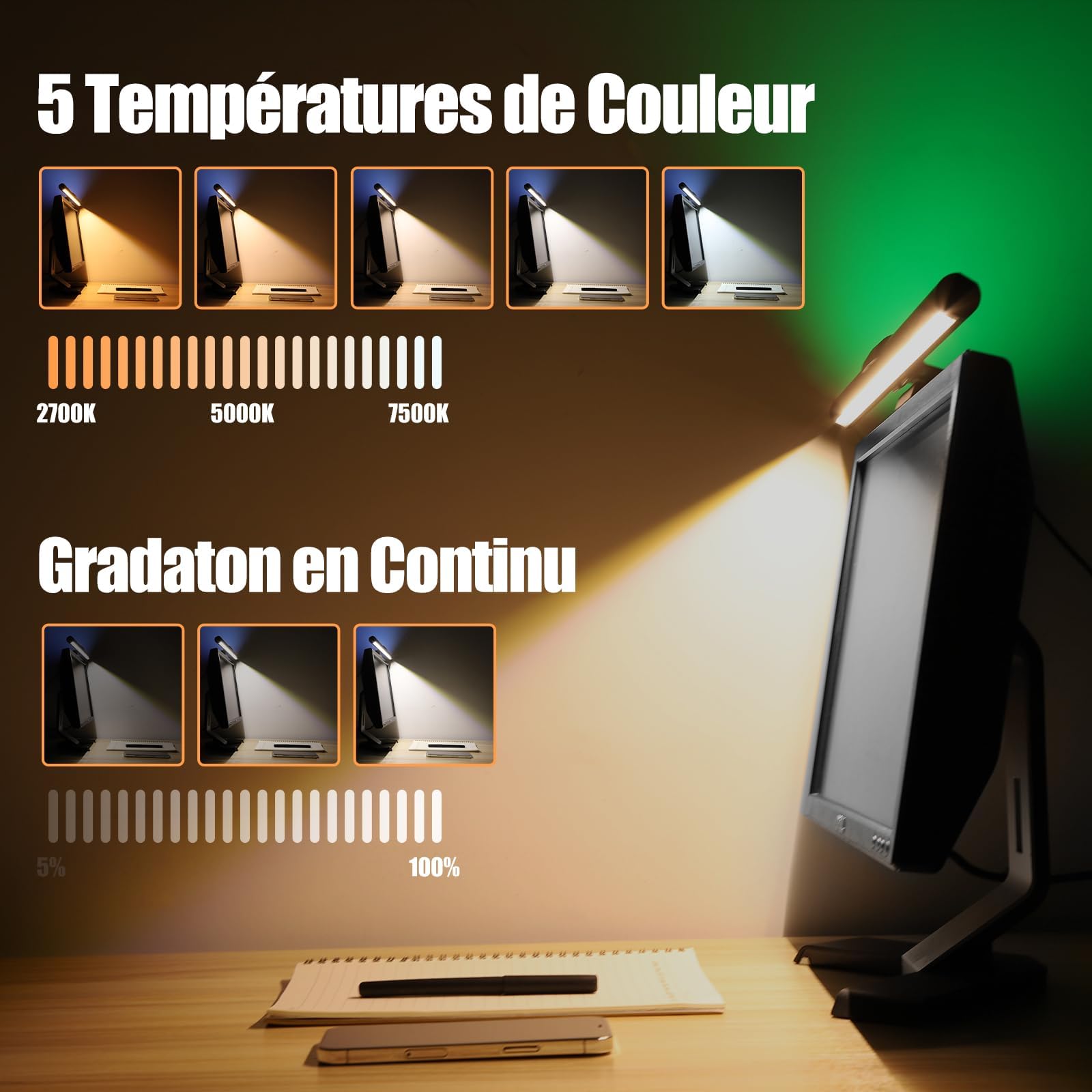 Logtronik USB RGB LED Desk Lamp with 5 Color Temperatures - Dual Light Bar, Anti-Glare, Touch Dimming Control for Office, Study & Reading | Perfect for Home, Work & Gaming Setup