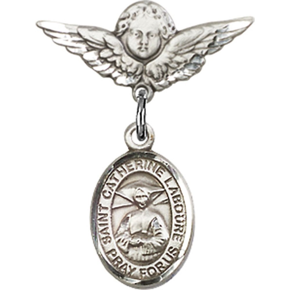 St. Catherine Laboure Sterling Silver Baby Badge with Angel Wing Charm - 7/8