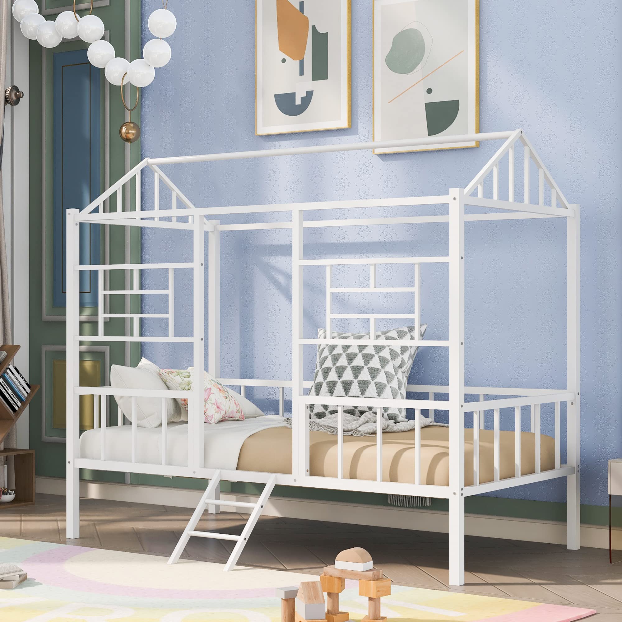 Harper & Bright Designs Metal Twin Size Loft Bed for Kids - Low Playhouse Bed with Roof & Ladder - Junior Loft Bed Frame for Boys & Girls - Perfect for Small Bedrooms, Playrooms & Dorm Rooms - White