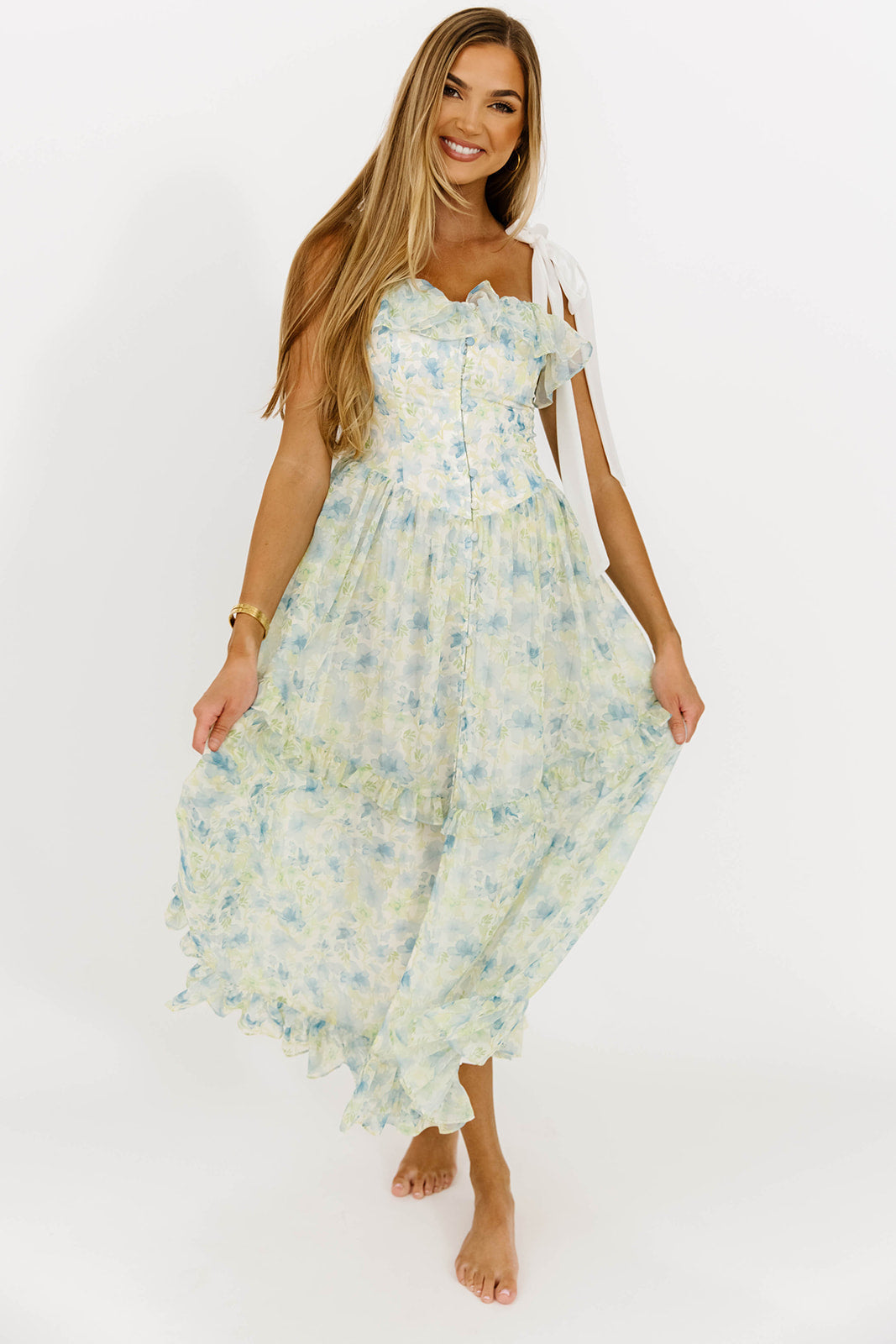 Jessica Floral Printed Contrast Shoulder Strap Midi Dress in Blue - Women's Summer Flowy Dress for Beach, Wedding & Casual Outings