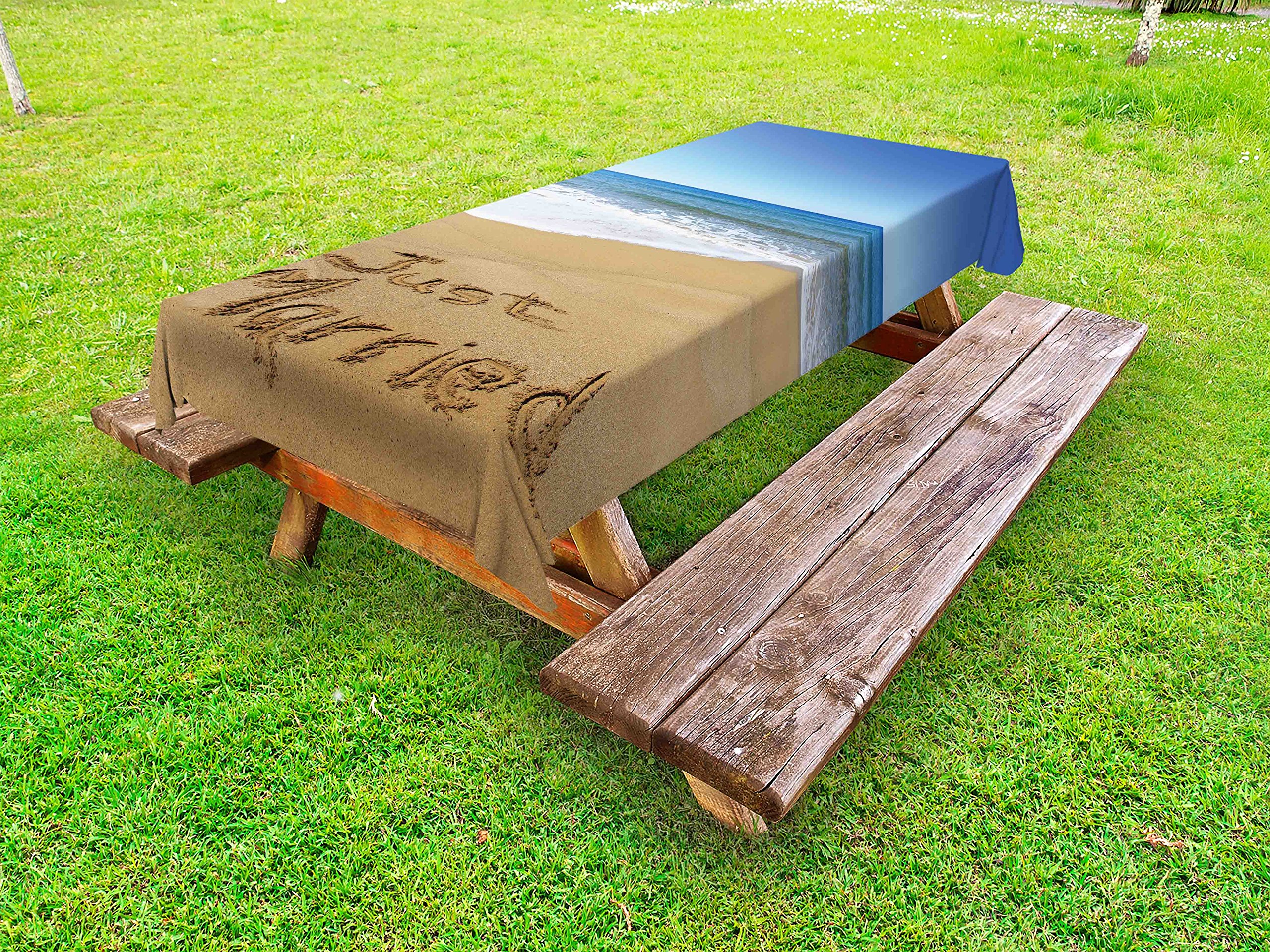 Ambesonne Wedding Tablecloth - Just Married Beach Ocean Waves Design, Washable Picnic Table Cover 58x104 Inches - Blue Brown White for Outdoor Celebrations, Romantic Photo Backdrops & Party Decorations