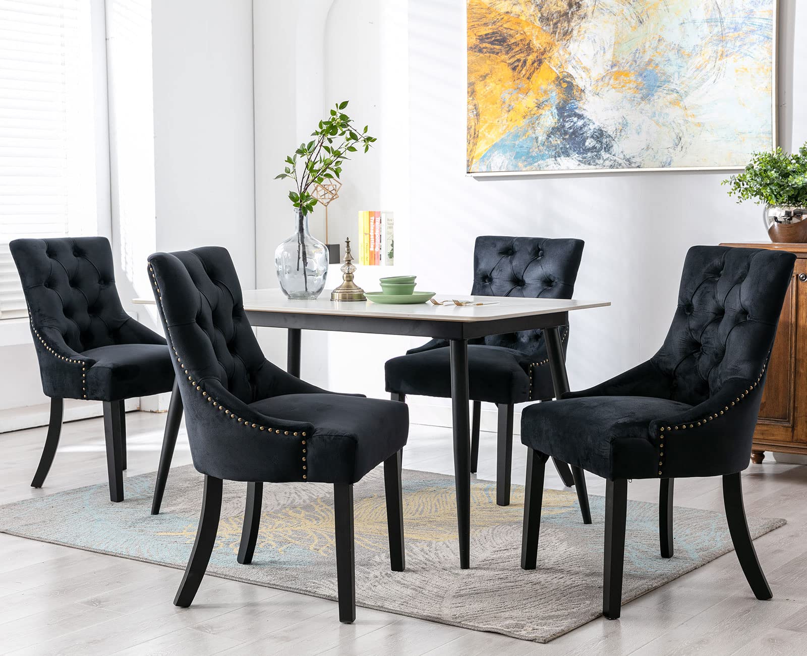 Shunzhi Velvet Dining Chairs Set of 4 - Mid Century Modern Tufted Upholstered Chairs with Nailhead Trim, Elegant Farmhouse Style Vintage Padded Chairs for Kitchen, Dining Room, Cafe and Home Decor (Black) - Perfect for Farmhouse, Vintage and Modern Interior Design Styles