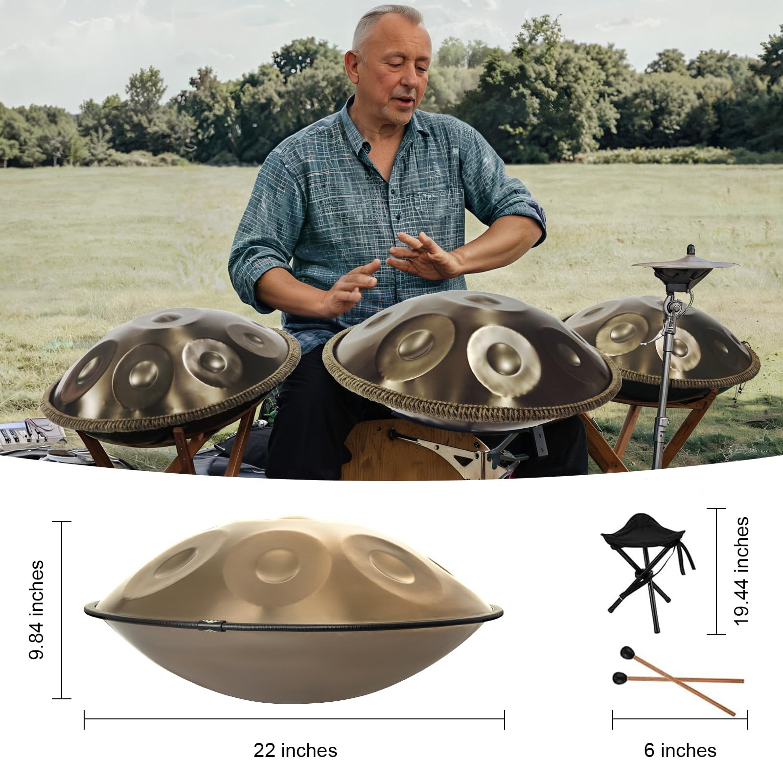 22 Inch Handpan Drum in D Minor Kurd Tuning - 432Hz 10-Note Premium Steel Hand Drum Instrument for Adults (Gold) | Perfect for Meditation, Yoga, Music Therapy & Outdoor Performances