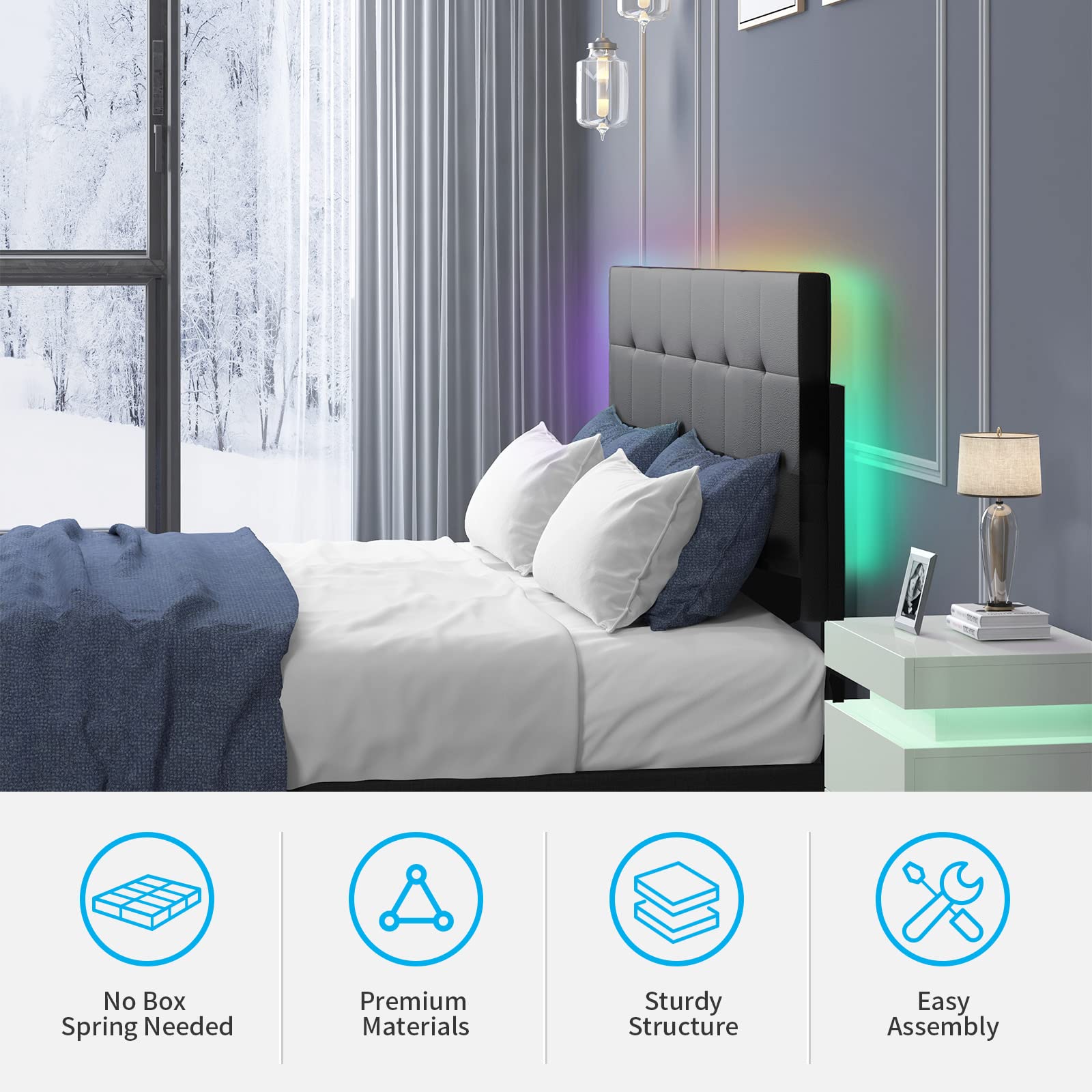 Queen Size Bed Frame with Smart RGB LED Lights & Adjustable Headboard - Button Tufted Linen Fabric Upholstered Platform Bed, No Box Spring Needed (Black) - Perfect for Modern Bedrooms, Gaming Rooms & LED Lighting Enthusiasts