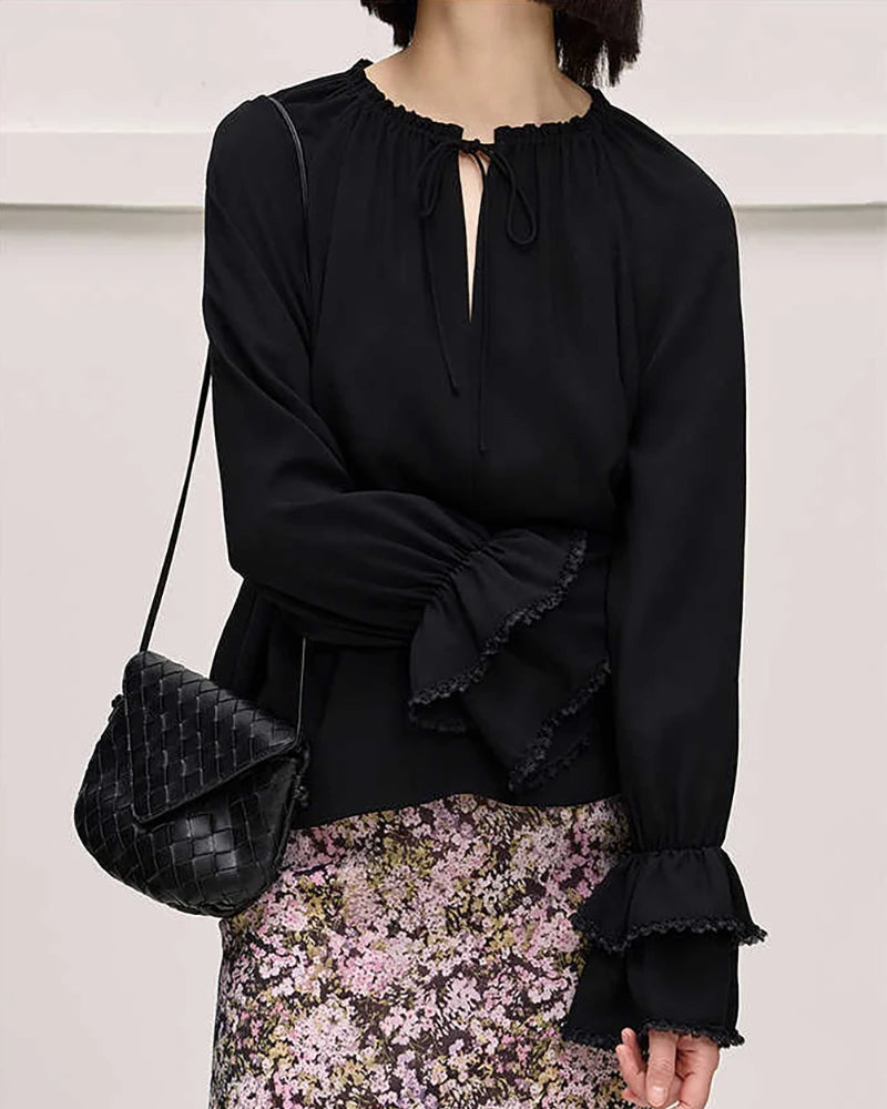 Elegant Ruffled Sleeve Tie Front Silk Blouse for Women - Perfect for Office Wear, Date Night & Special Occasions