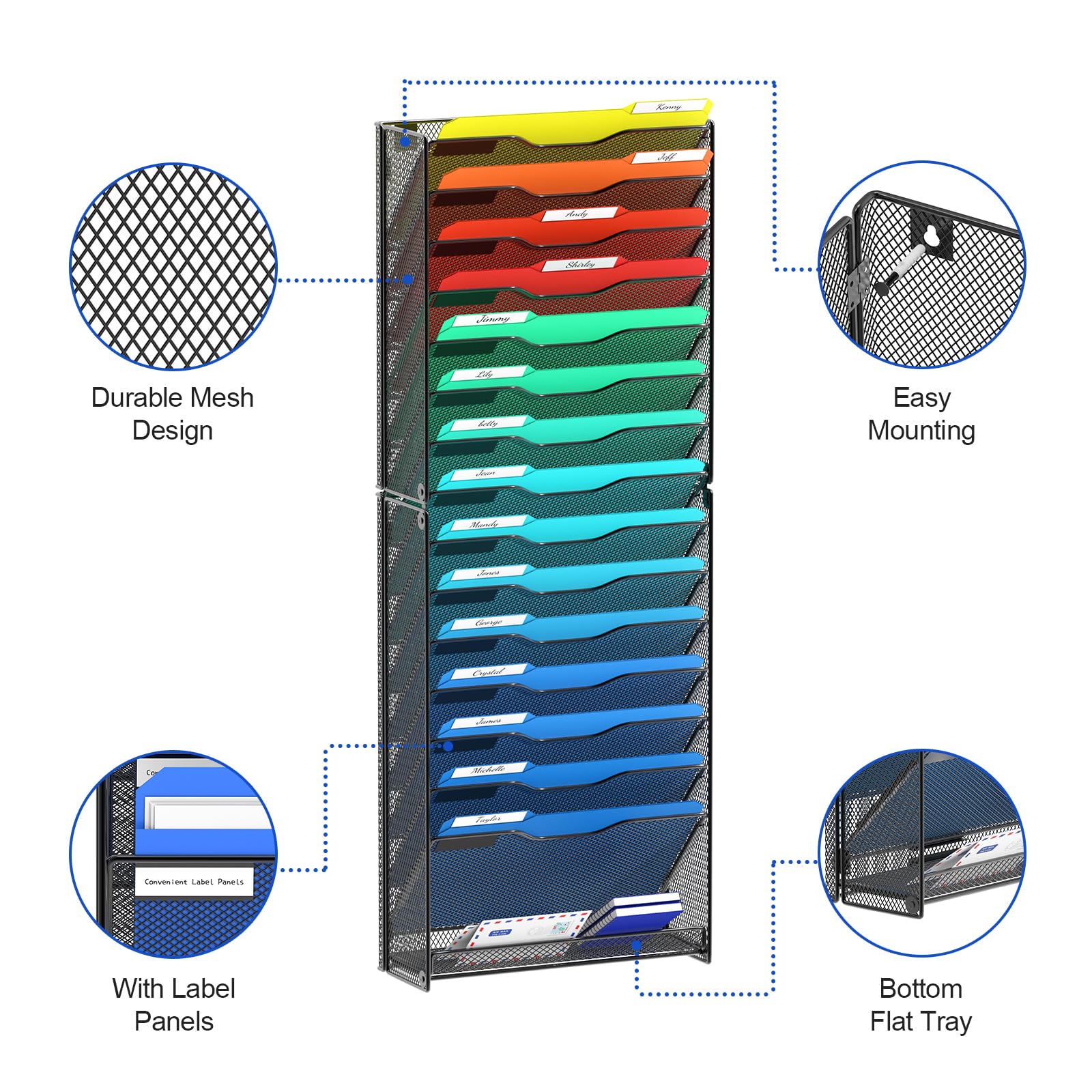 Samstar 16-Tier Wall File Organizer - Hanging Wall Mount Paper Folder Holder, Mesh Magazine Rack for Office & Home Organization (Black) - Perfect for Desk, Wall, and Closet Storage