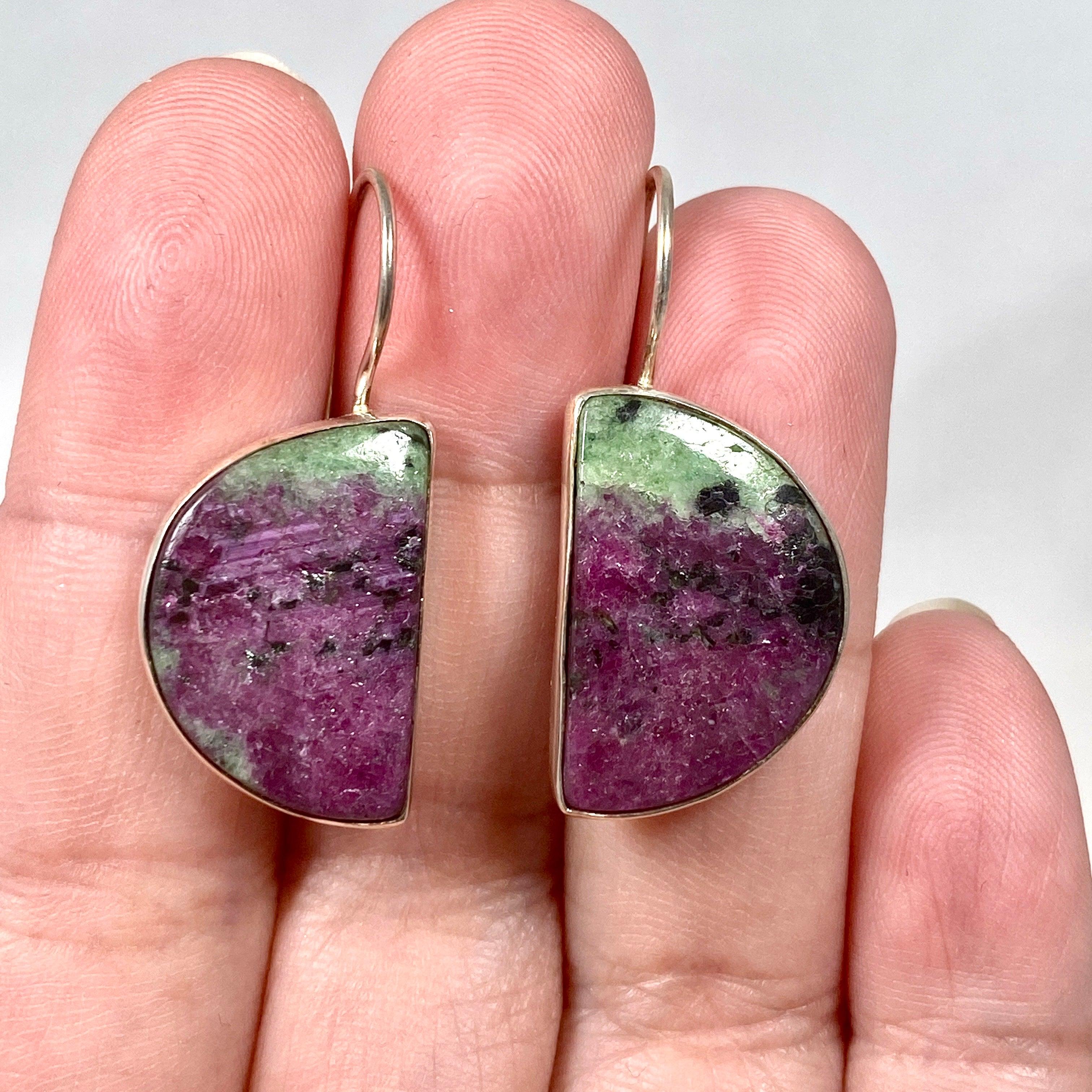 Natural Ruby in Zoisite Half Moon Earrings with Fixed Hook - Elegant Handmade Jewelry for Women - Perfect for Weddings, Parties & Special Occasions - KEGJ1118