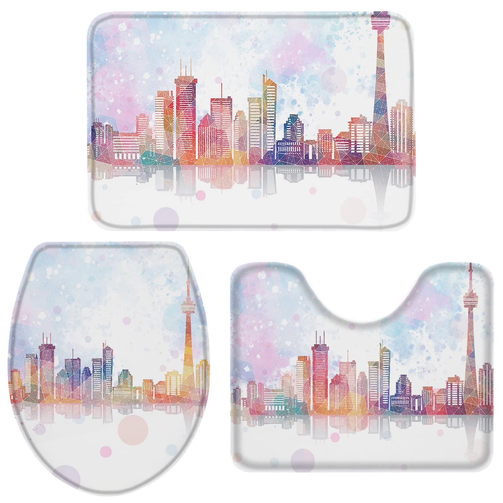3-Piece Watercolor Geometric City Bathroom Rug Set - Absorbent Non-Slip Bath Mats with Vancouver Skyline Design, U-Shaped Toilet Mat & Lid Cover for Small Bathrooms - Perfect for Modern Home Decor & Guest Bathrooms