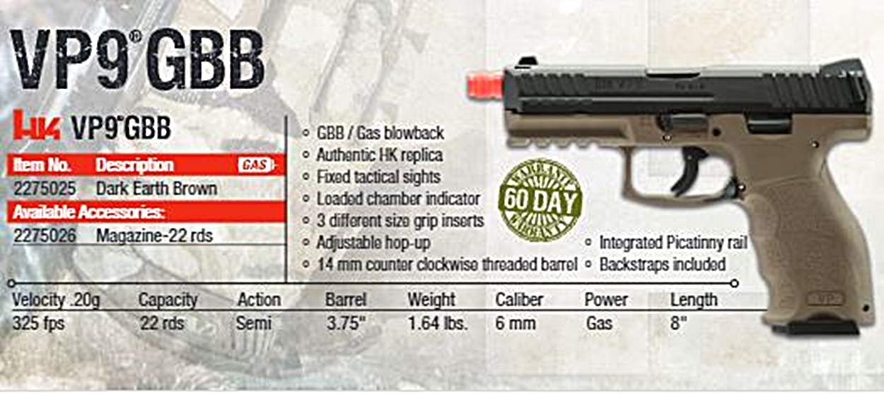 Elite Force HK Heckler & Koch VP9 GBB Blowback 6mm BB Pistol Airsoft Gun - Realistic Gas Blowback Airsoft Pistol for Training & Competitive Shooting