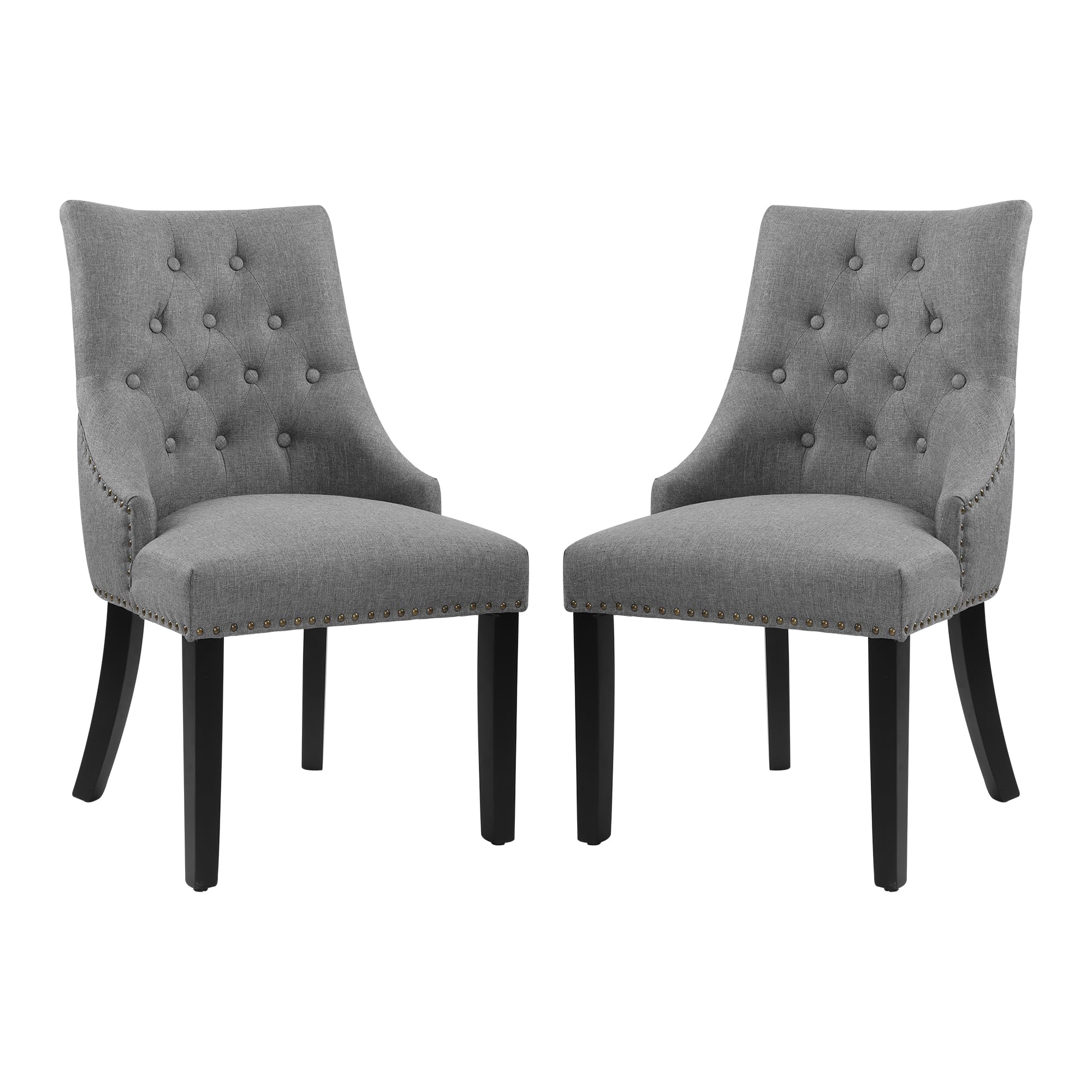 DAGONHIL 2-Piece Fabric Dining Chairs Set - Tufted Upholstered Kitchen & Dining Room Chairs with Black Solid Wood Legs & Nailed Trim (Gray) - Perfect for Home, Restaurant, and Office Use