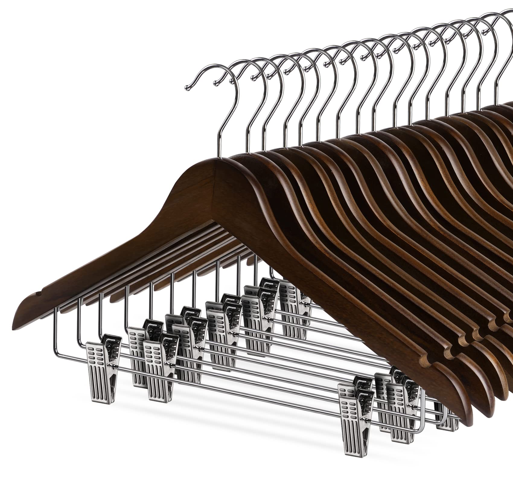 Premium 16-Pack Wooden Clothes Hangers with Metal Clips - Walnut Wood Skirt & Pants Hangers for Suits, Dresses, Jackets & Heavy Coats - Ideal for Closet Organization & Formal Wear Storage