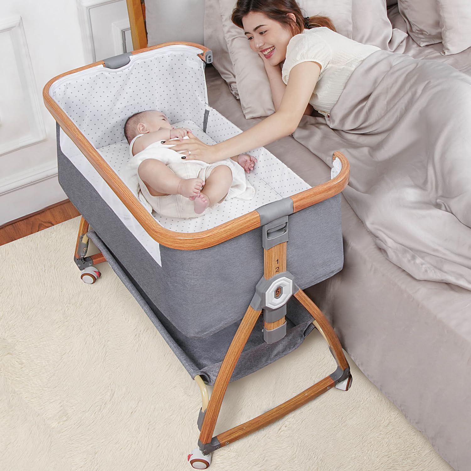Adjustable Baby Bassinet Bedside Sleeper with Wheels & Mosquito Net - 6 Height Positions, 3-in-1 Portable Crib for Newborns, Infants & Toddlers (Light Grey) | Perfect for Nursery, Bedroom Co-Sleeping & Travel