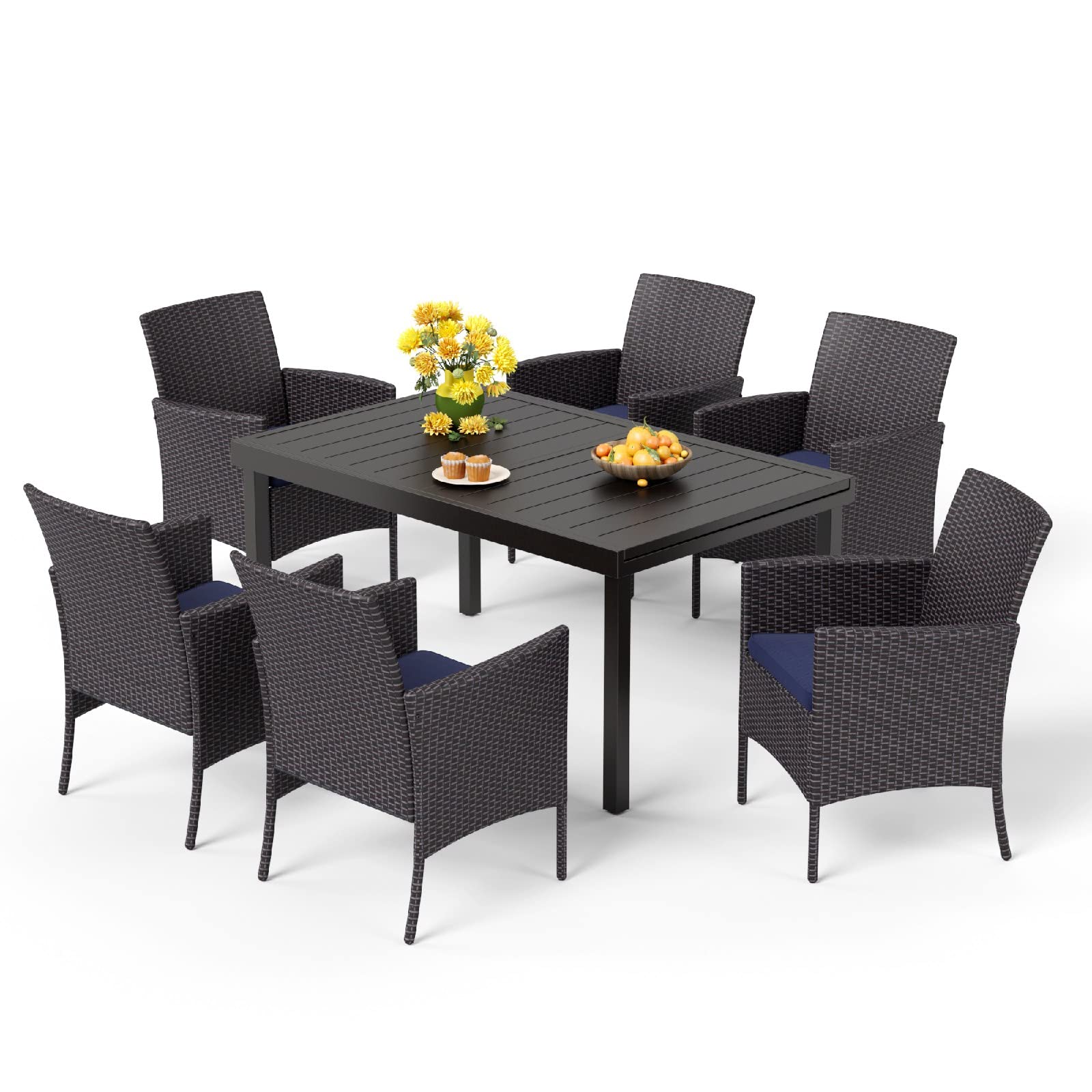 MFSTUDIO 7-Piece Outdoor Patio Dining Set - Extendable Metal Table & Rattan Chairs for 6 - Expandable Garden Furniture for Backyard, Deck, Poolside - Perfect for Outdoor Entertaining & Family Gatherings