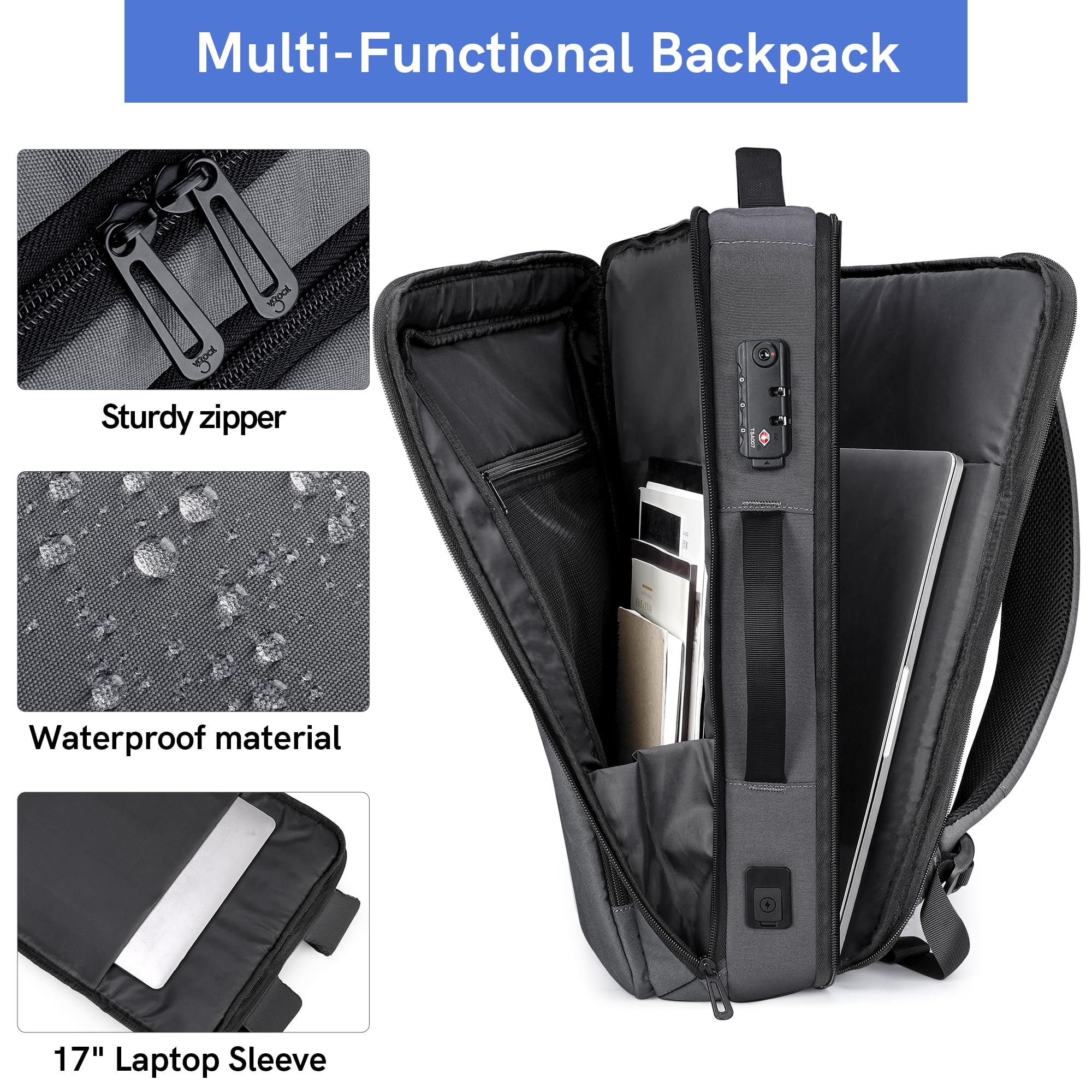 VGOAL 3 in 1 Laptop Backpack for 17.3 Inch Laptop - Lightweight Waterproof Travel Backpack with USB Charging Port - Durable Computer Bag for Men & Women - Perfect for Work, School, Hiking & Daily Commute (Grey)