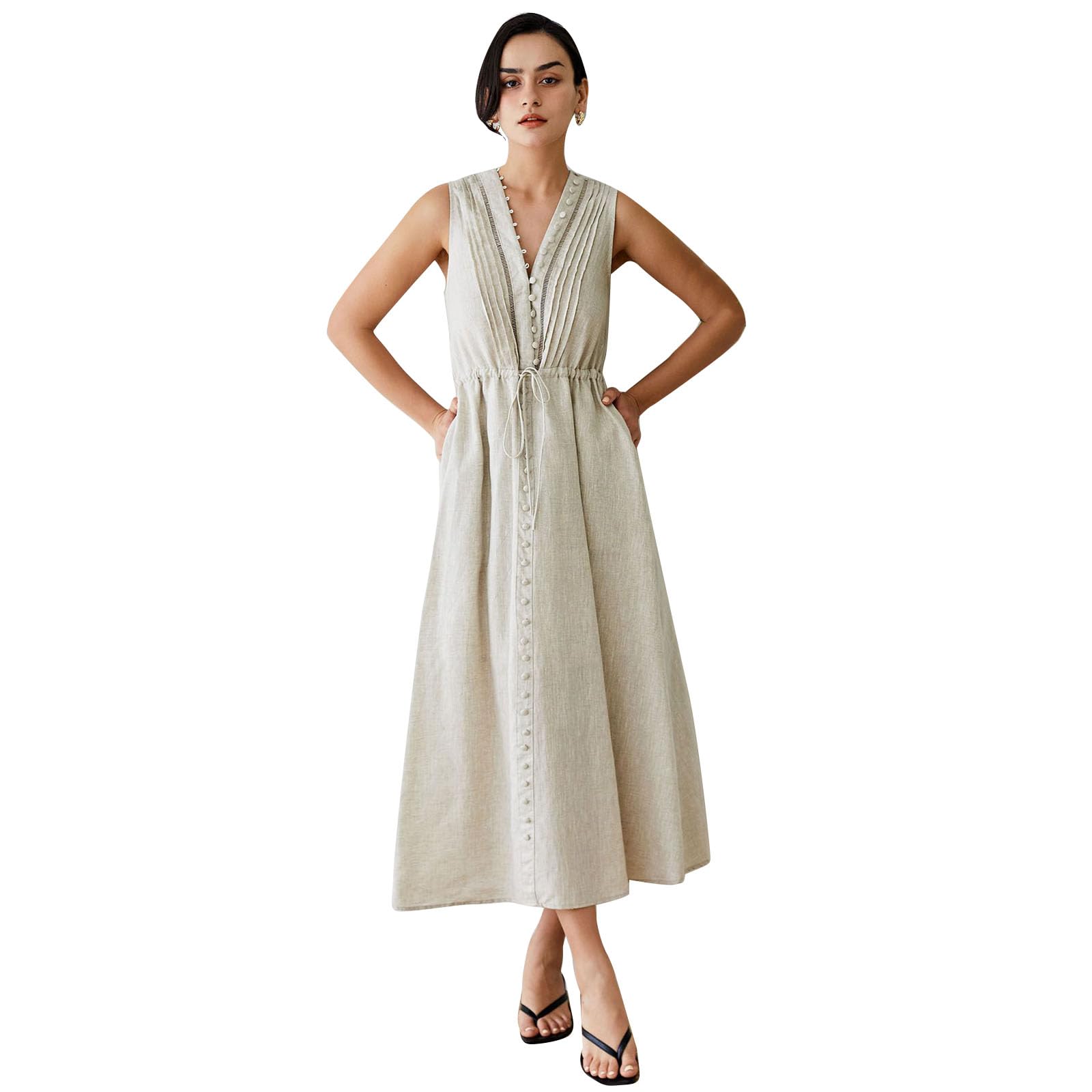 CHICWISH Women's V-Neck Sleeveless Linen Midi Dress with Side Pockets - Casual Beach Summer Vacation Dress for Women | Perfect for Travel, Brunch & Outdoor Events