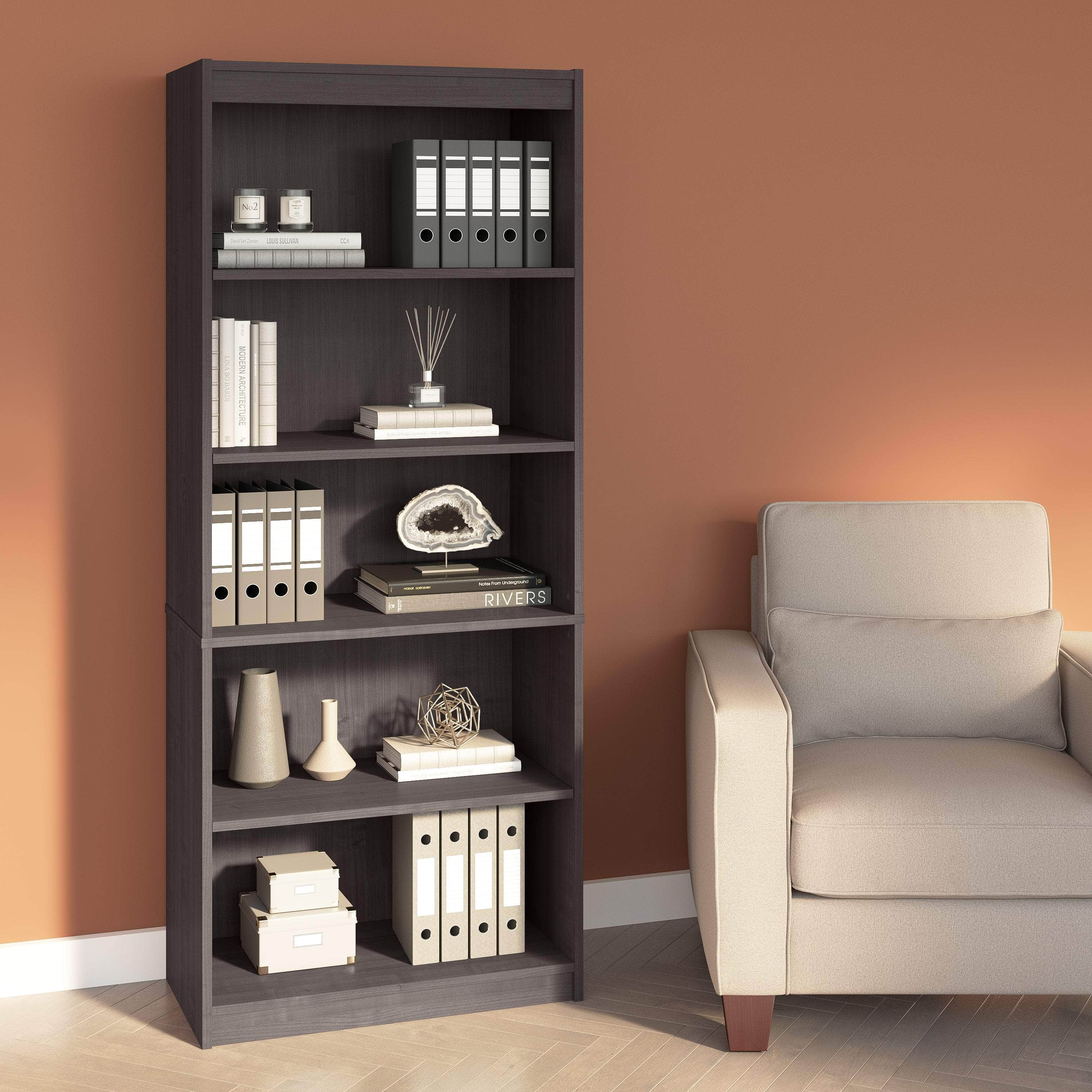 Ridgeley 30W 5-Tier Bookshelf - White, Black & Walnut Finish | Space-Saving Bookcase for Living Room, Office & Bedroom Storage