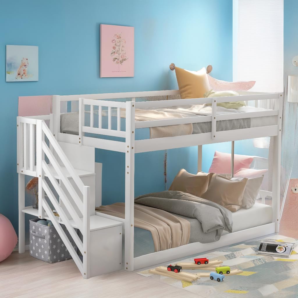 SOFTSEA Twin Over Twin Low Bunk Bed with Stairs - Solid Wood Floor Bunk Bed with Wood Slats for Kids, No Box Spring Needed (White) | Perfect for Small Bedrooms, Kids' Rooms, Dorms & Space-Saving Solutions