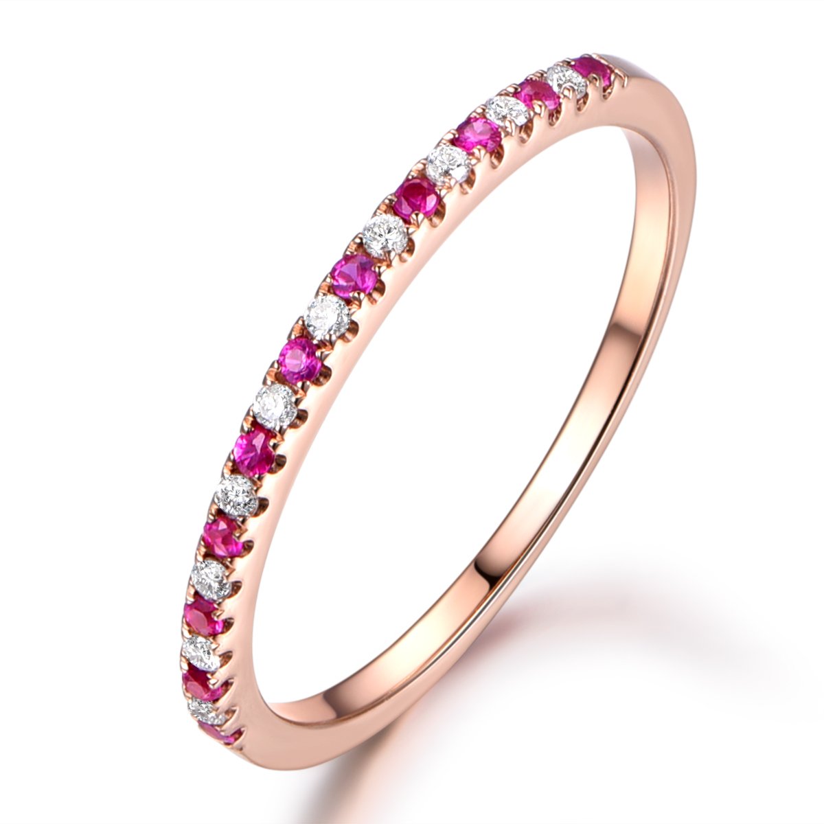14K Rose Gold Half Eternity Ruby and Diamond Wedding Promise Band - Classic Engagement Ring for Women | Perfect for Anniversaries, Proposals & Romantic Occasions