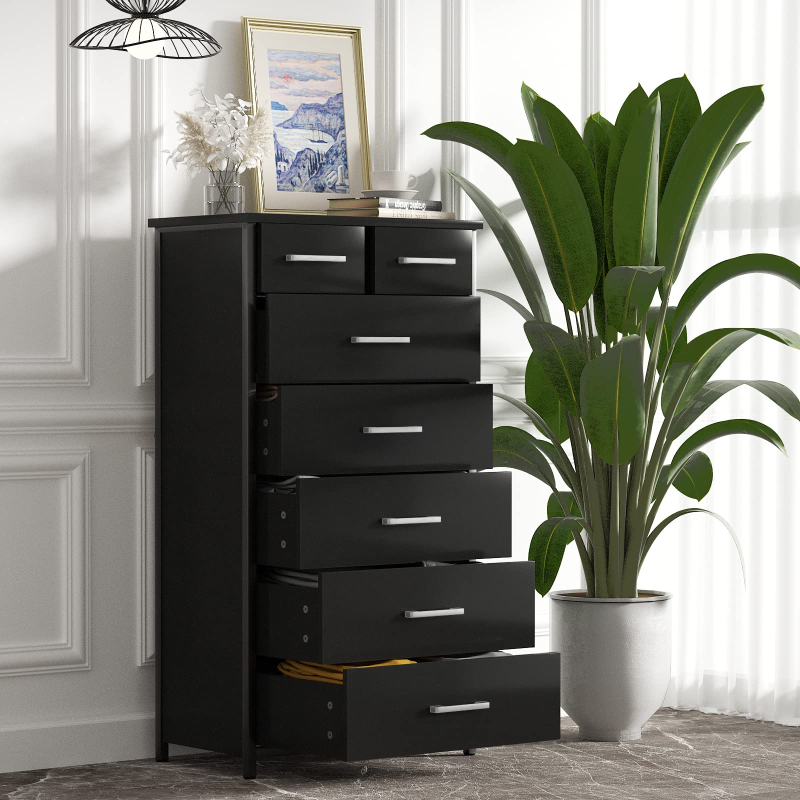 IKENO 7-Drawer Tall Dresser with Sturdy Metal Frame - Industrial Bedroom Storage Cabinet for Clothes Organization | Perfect for Small Spaces & Apartment Living