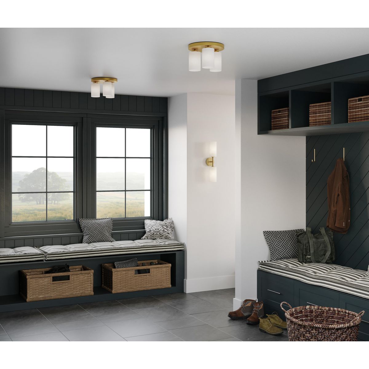 Cofield Collection 12 Inch Three Light Flush Mount Ceiling Light Fixture - Modern P350238 for Bedroom, Living Room & Hallway Lighting