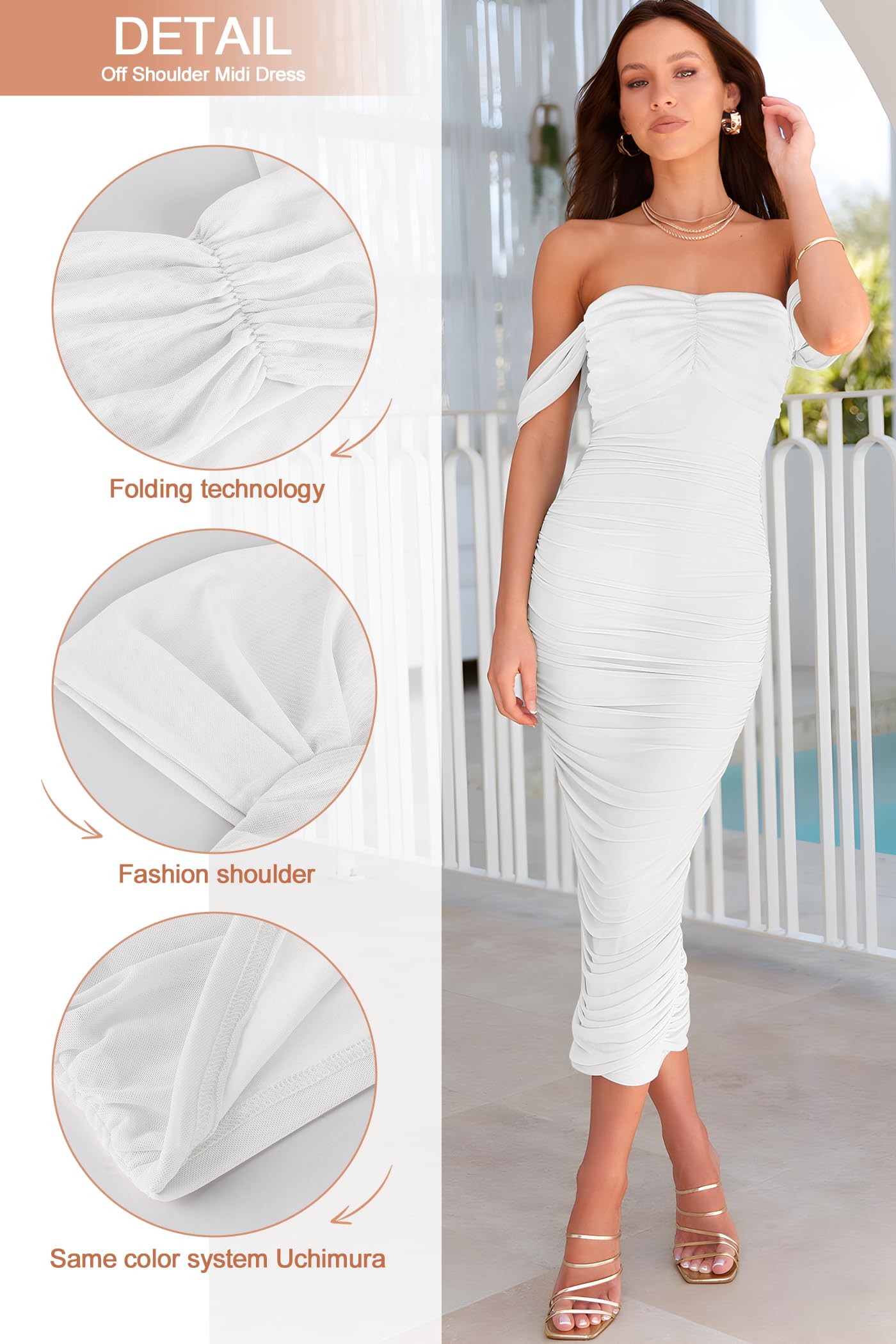 Elegant Women's Off Shoulder Ruched Bodycon Midi Dress - Short Sleeve Cocktail Party Tube Dress for Night Out, Date Night & Special Occasions